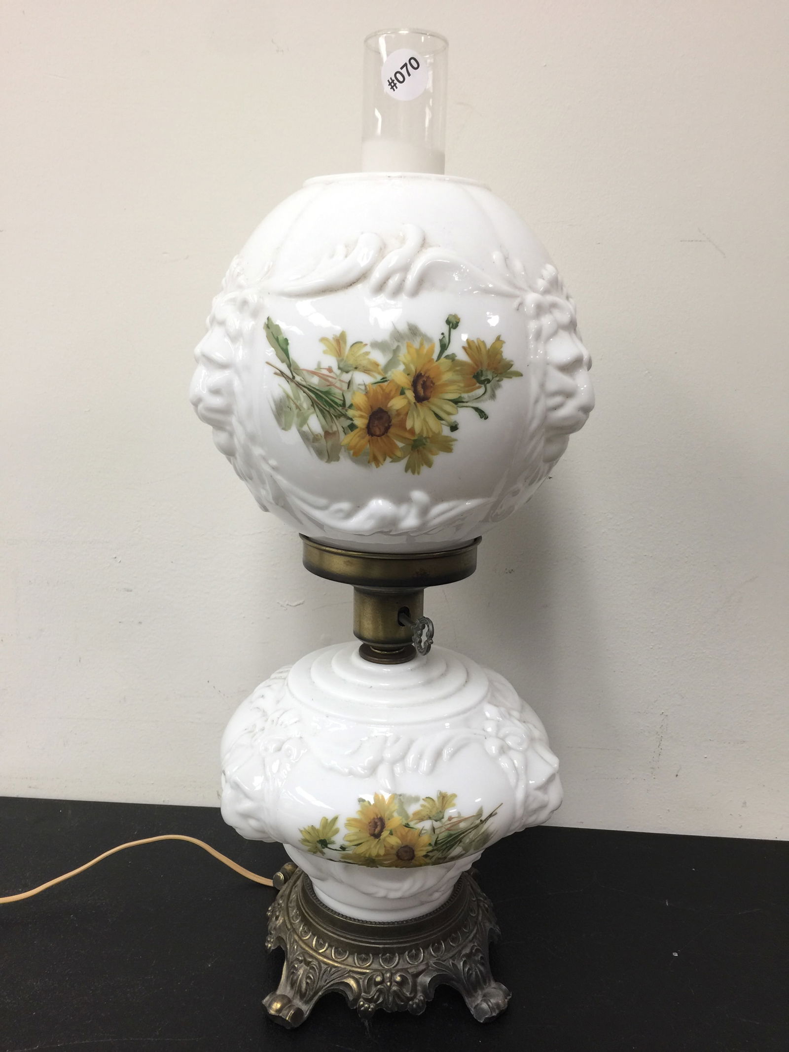 HEDCO GWTW Lamp: hand painted with and embossed lions head decoration. 23"H.