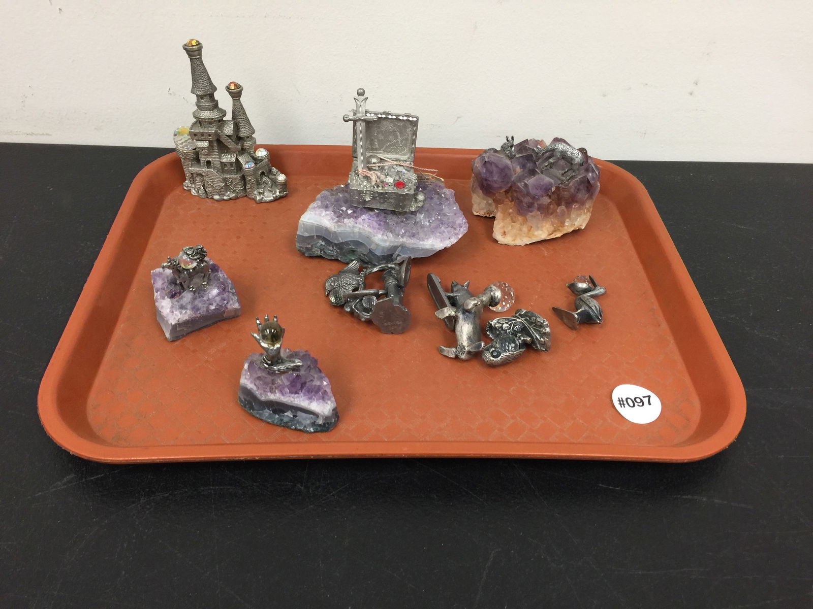 Pewter and Amethyst Lot: some attached to stone and other figurines loose. largest 5"w.