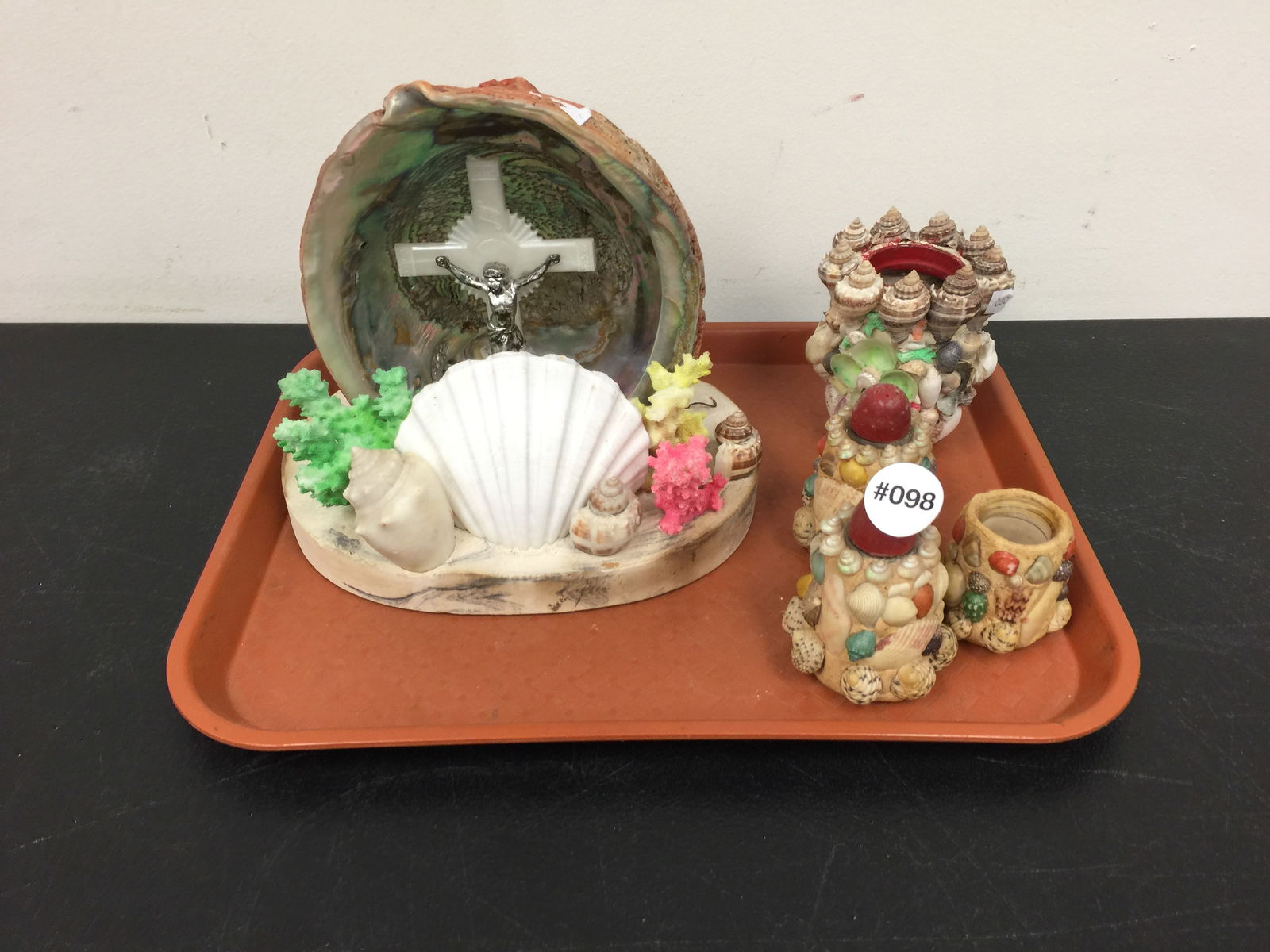 Memorial Shell Art Lot: four shakers and religious form piece. Largest 8"H.