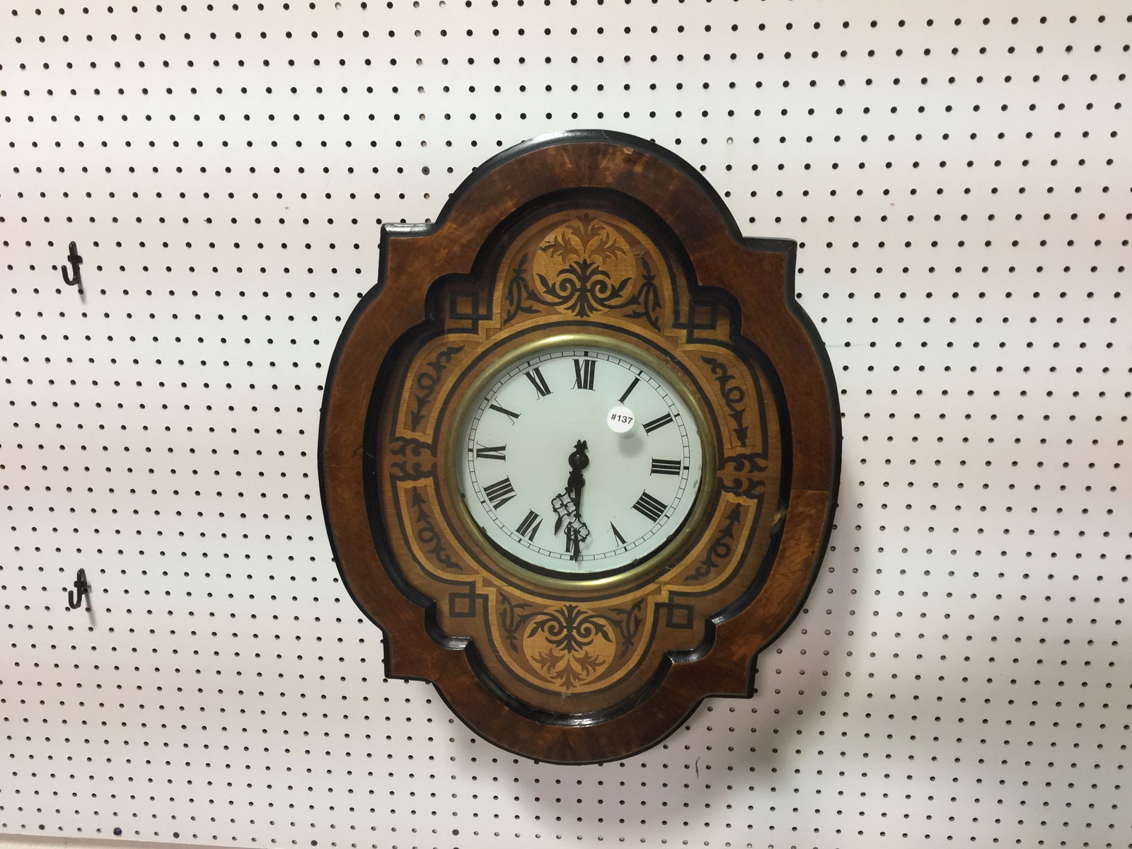 19thC French Inlay Wall Clock: has pendulum, marquetry inlay, 25"x19".