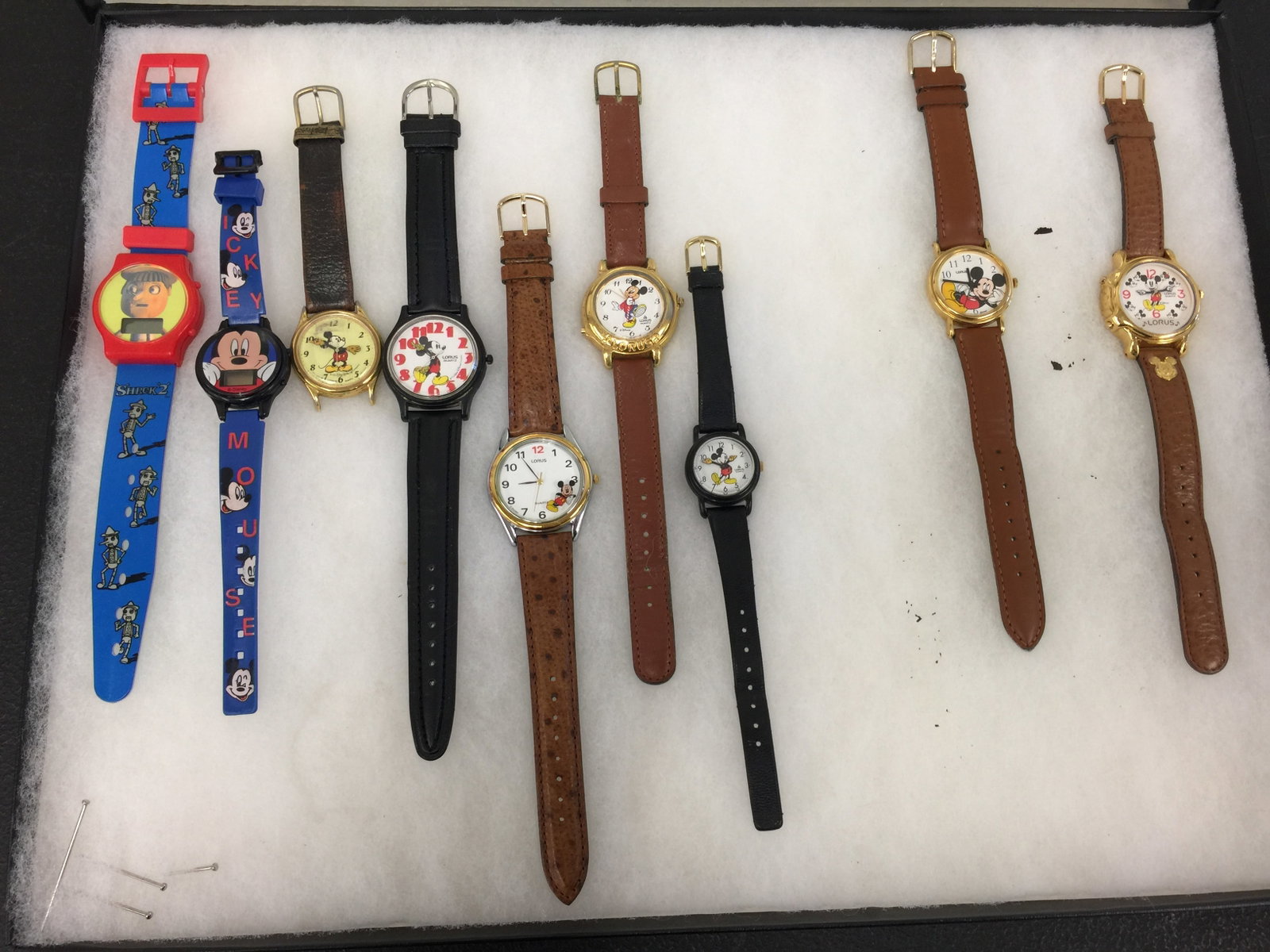 Selection of Character Wrist Watches: 9 total, case 16". Includes Mickey Mouse.
