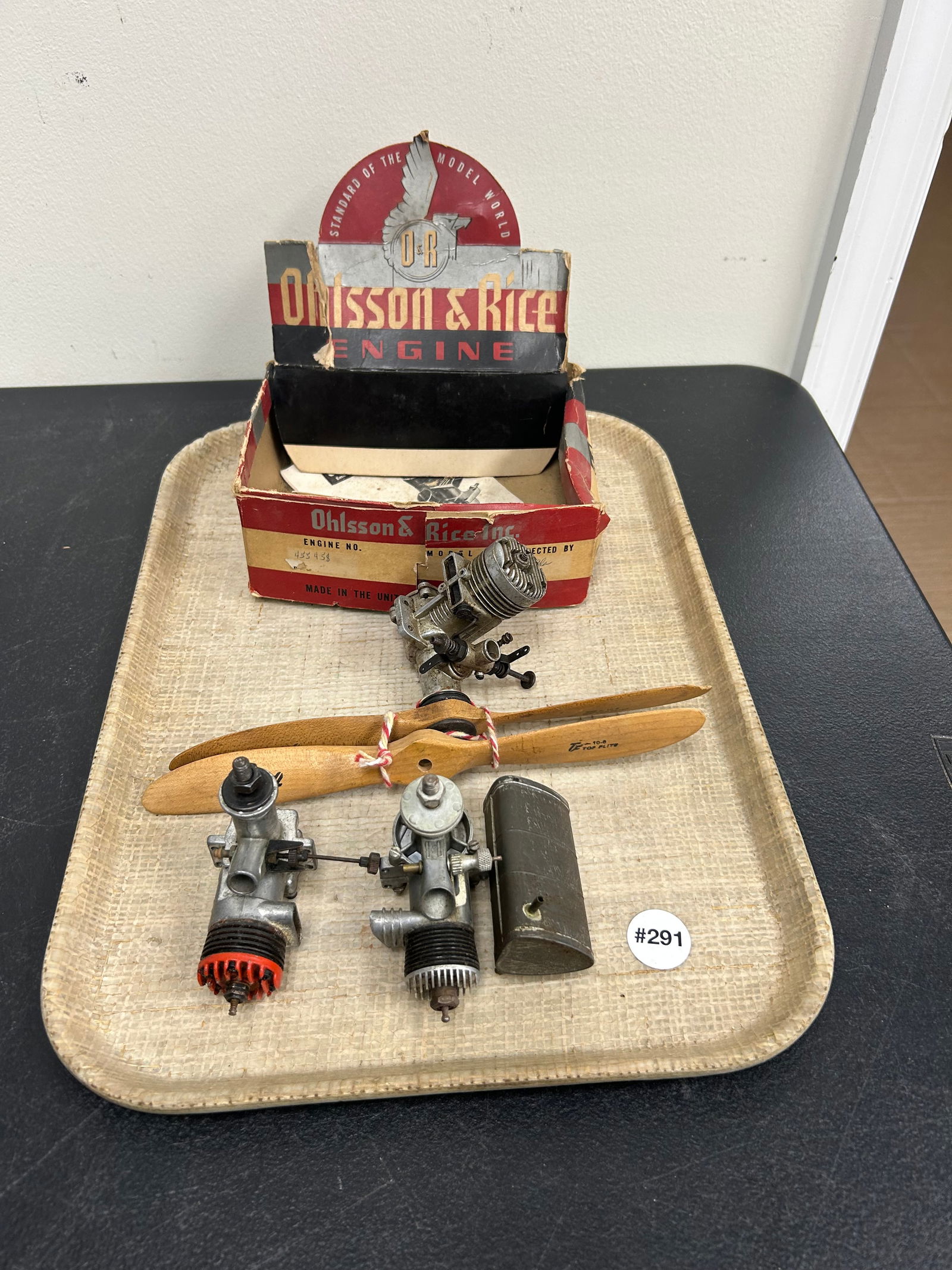 Vintage Toy Airplane Motors: includes cardboard advertising 8" x 8" with tears, wooden propellers, and 3 engines plus