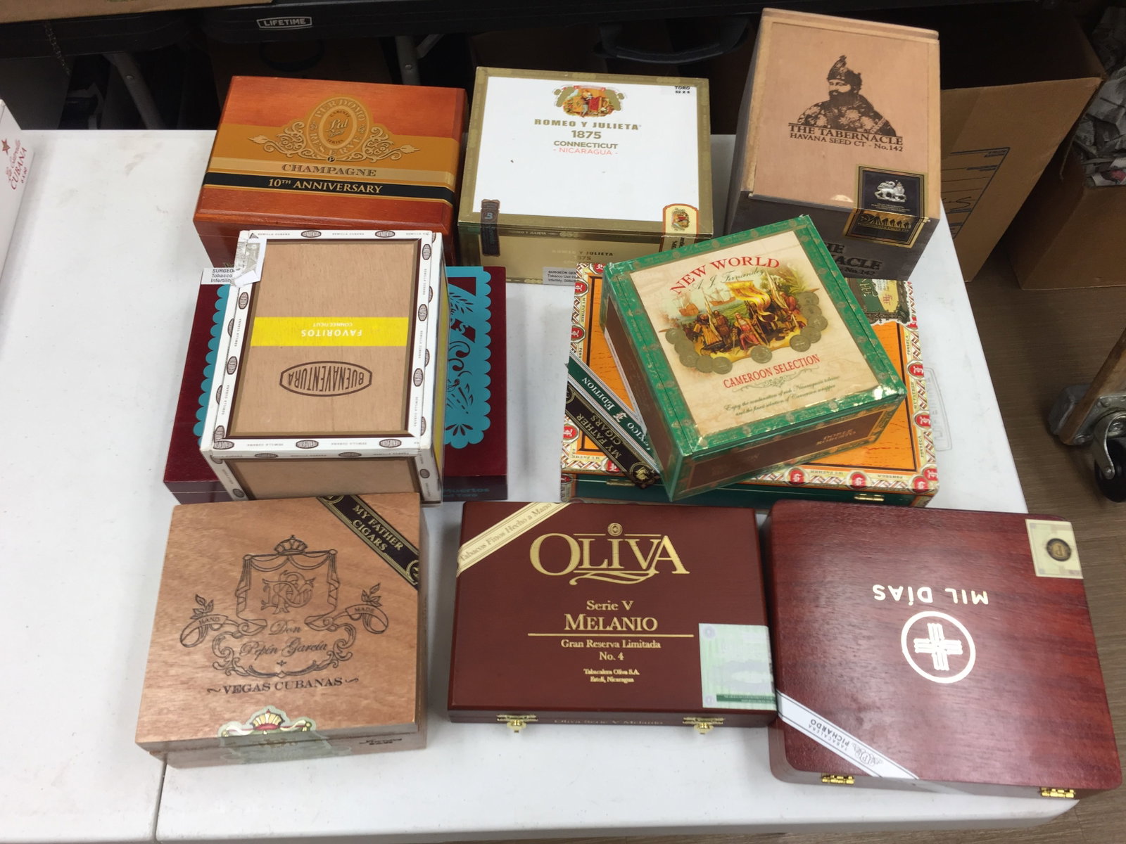 Cigar Boxes: 12 empty boxes.