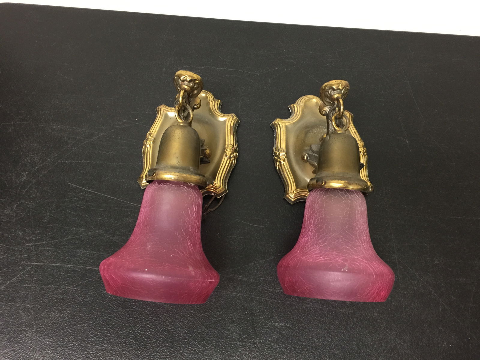 Art Deco Wall Lamps: pink crackle glass shades, 10"H.
