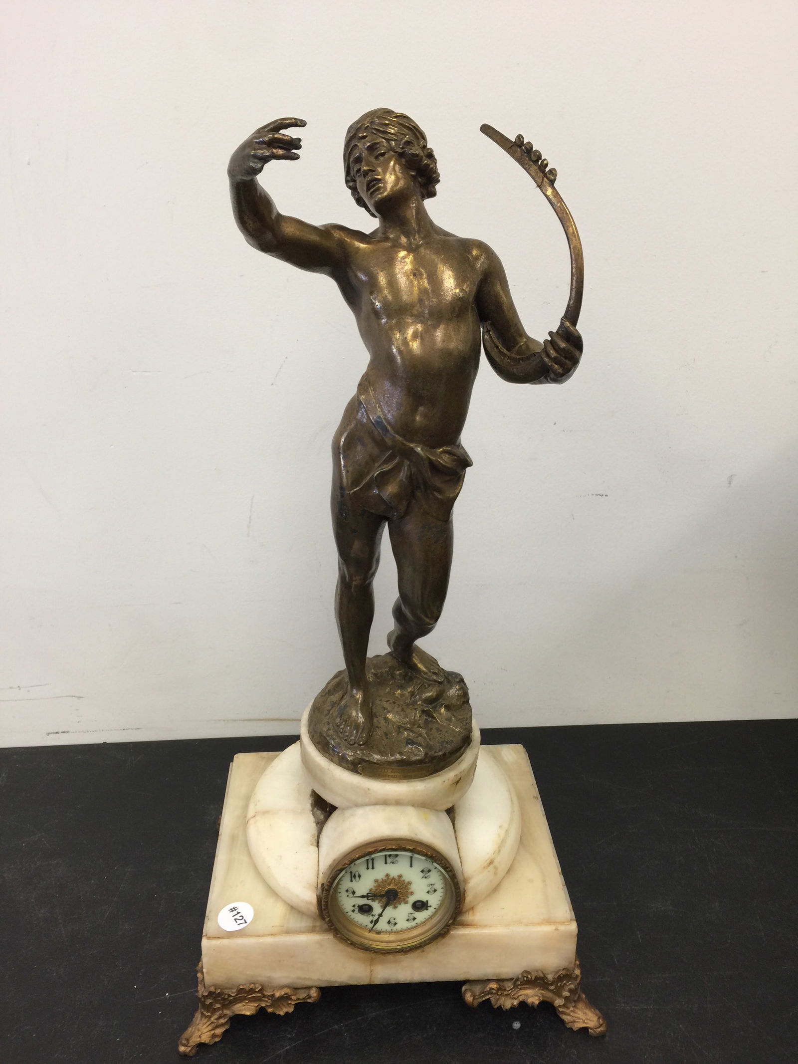 David Devant Saul Bronze: enamel face, has plaque, sits on marble base, 26"H.