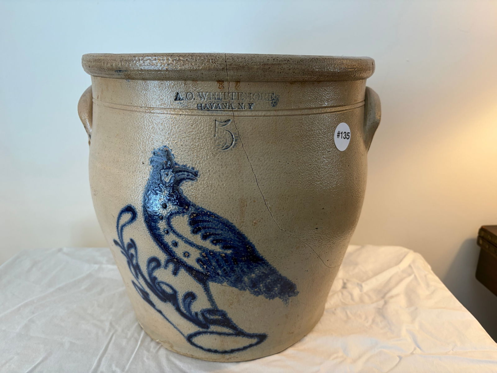 A.O. Whittemore NY Bird Crock: five gallon, lug handles, bird on branch decoration. 12"x12"
