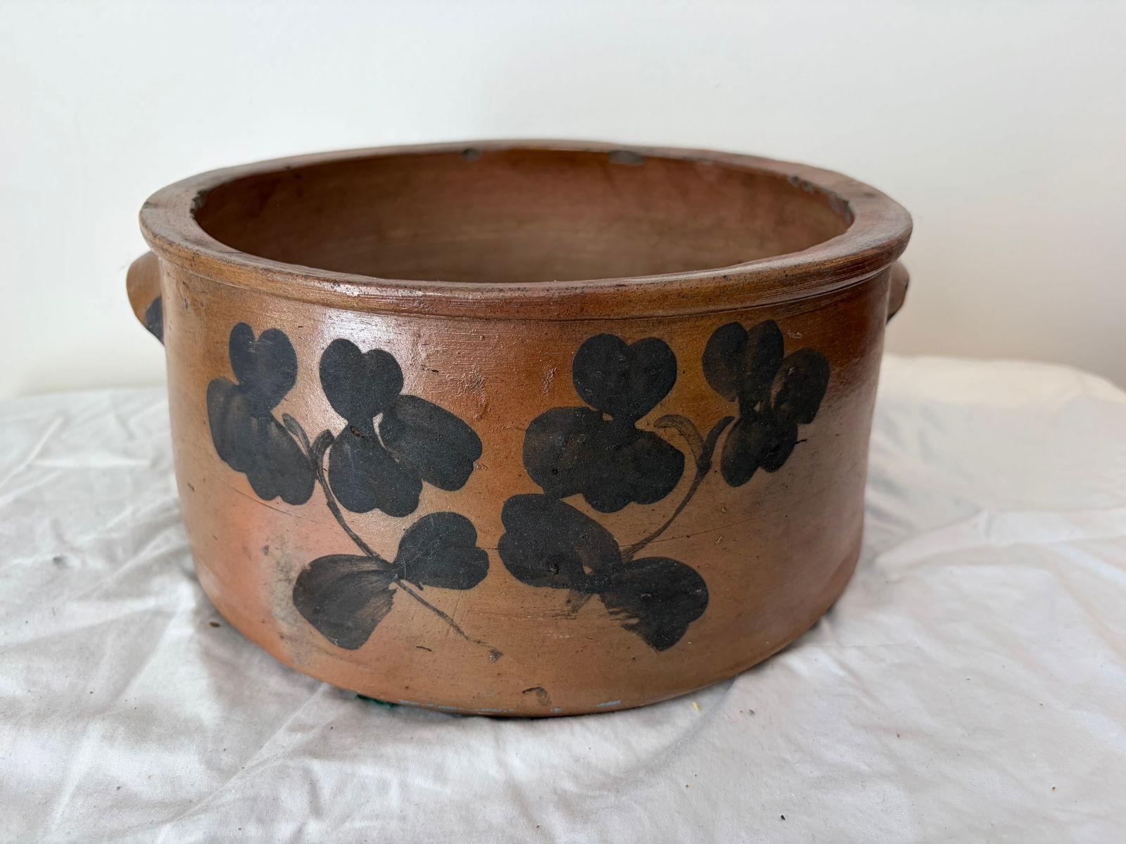 Stoneware Cobalt Cake Crock: lug handles, blue floral decoration, 12"W.