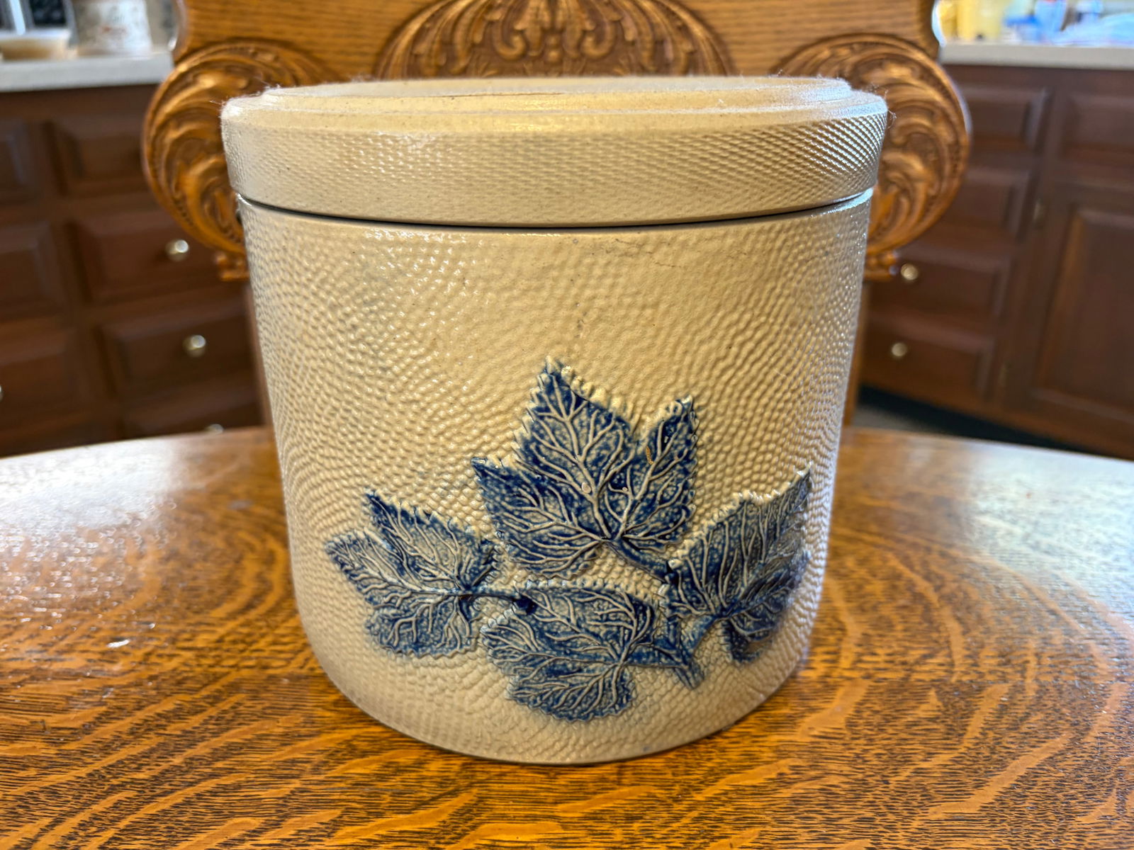 Stoneware Lidded Crock: embossed leaf decoration, 7"H.