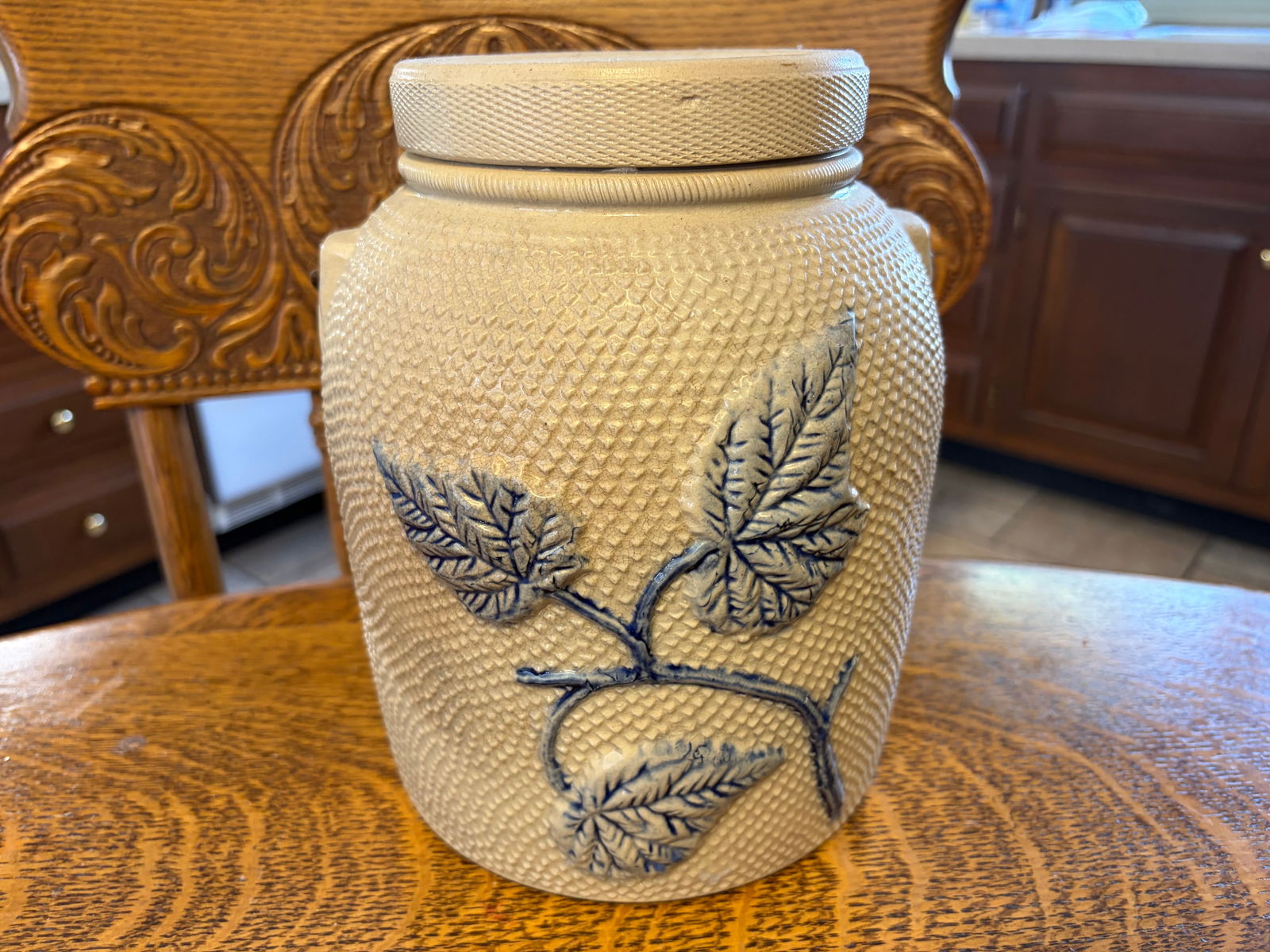 Stoneware Lidded Crock: embossed leaf decoration, 9"H.