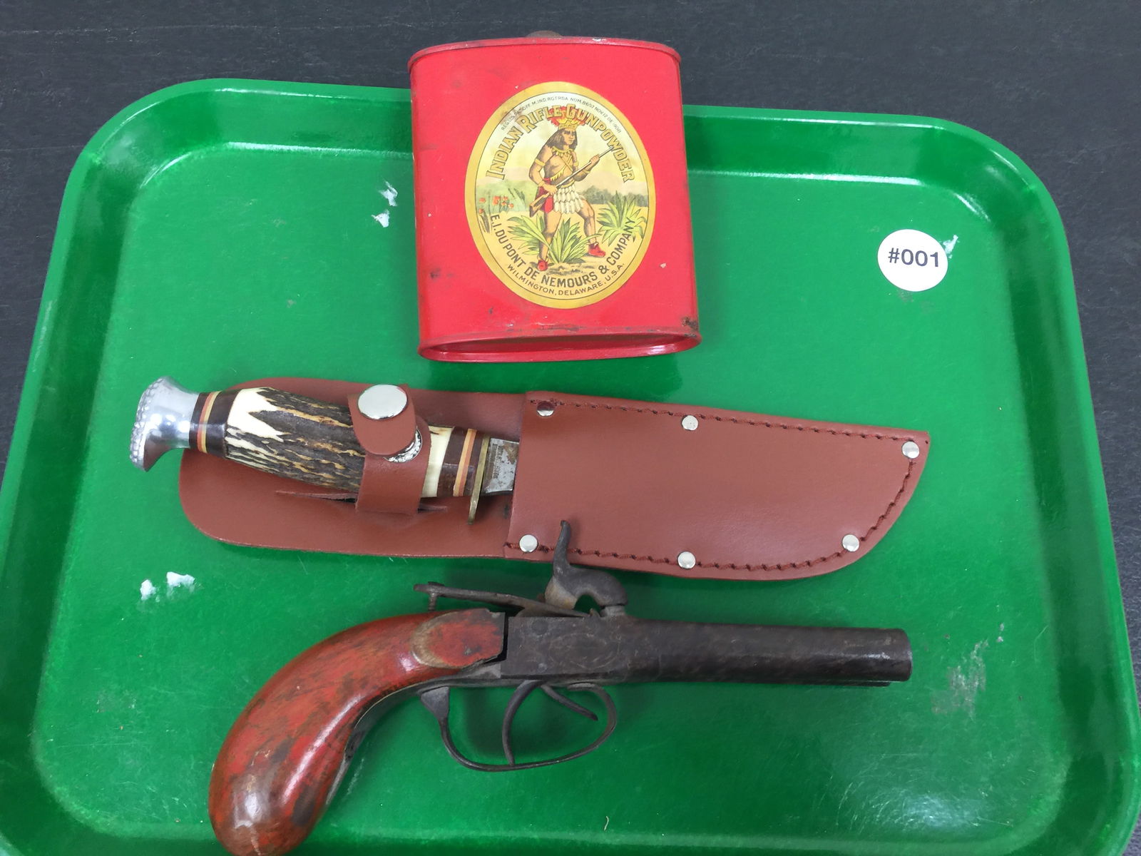 Outdoors Man Lot: stag handled knife, tobacco tin and 19thc percussion lock pistol. knife 9"L.