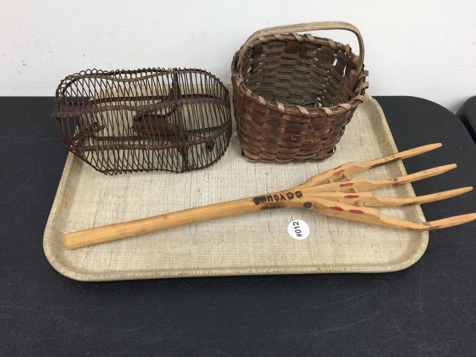Mixed Country Grouping: young signed fork, animal trap and painted basket. fork 18"L.