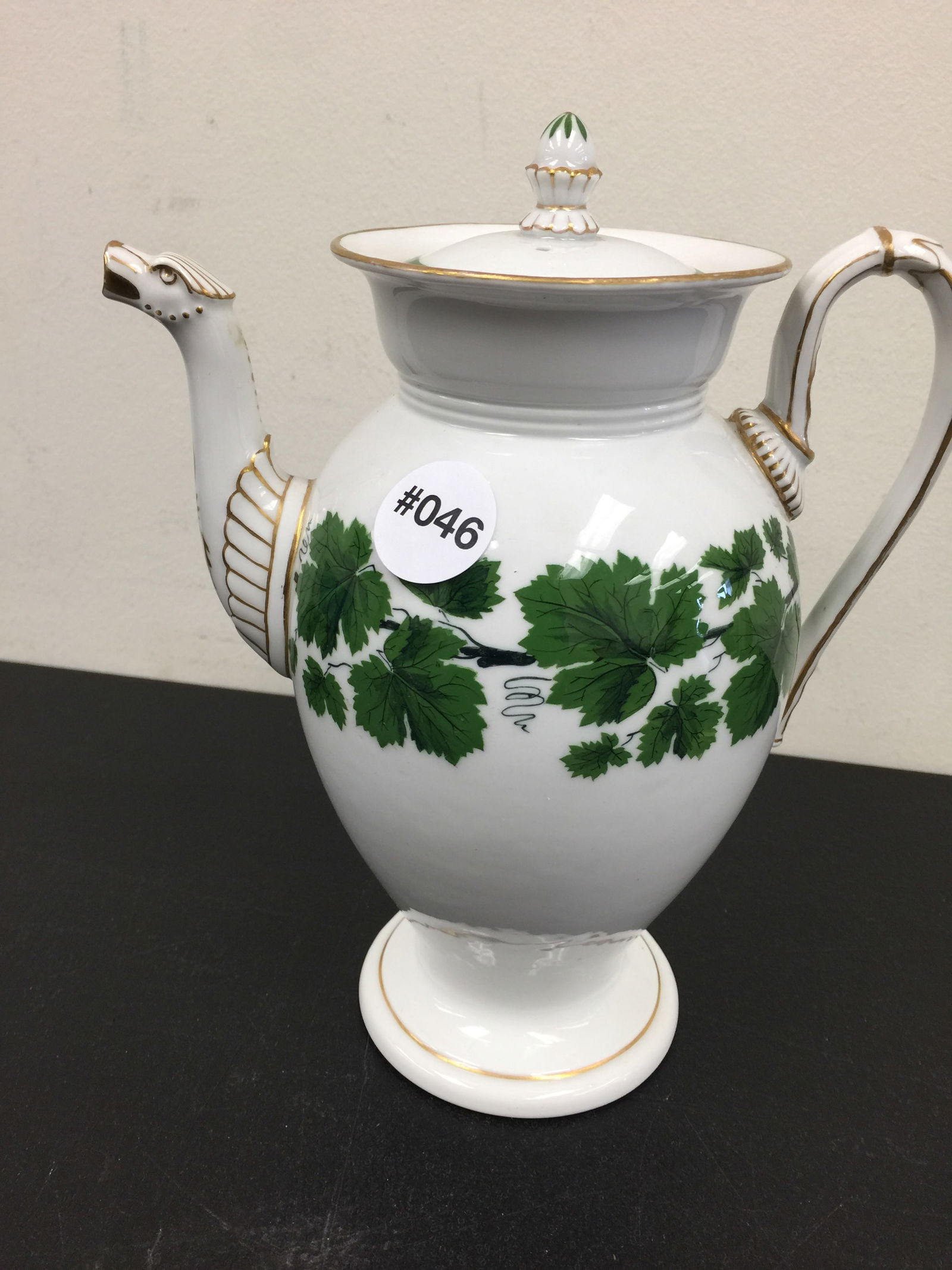 Meissen Green Ivy Chocolate Pot: cross swords, molded figural mouth 9.5"H.