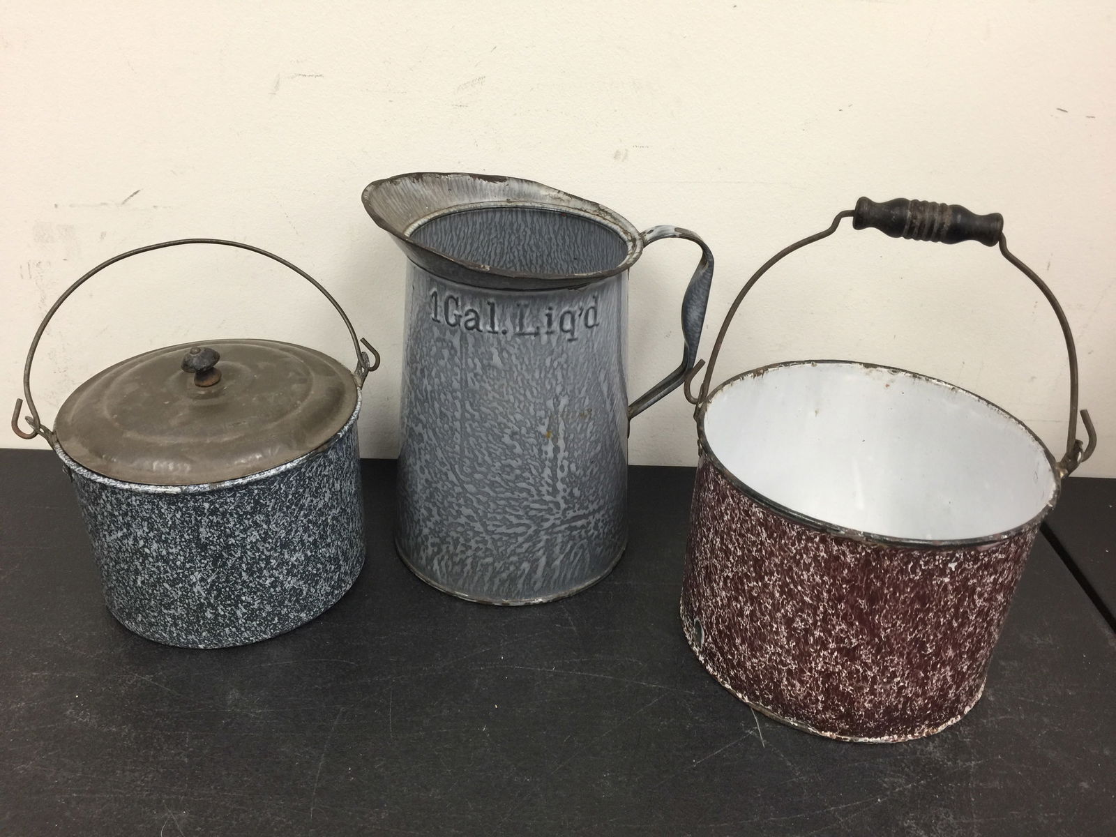 3 Pcs Graniteware: Largest 10" H.