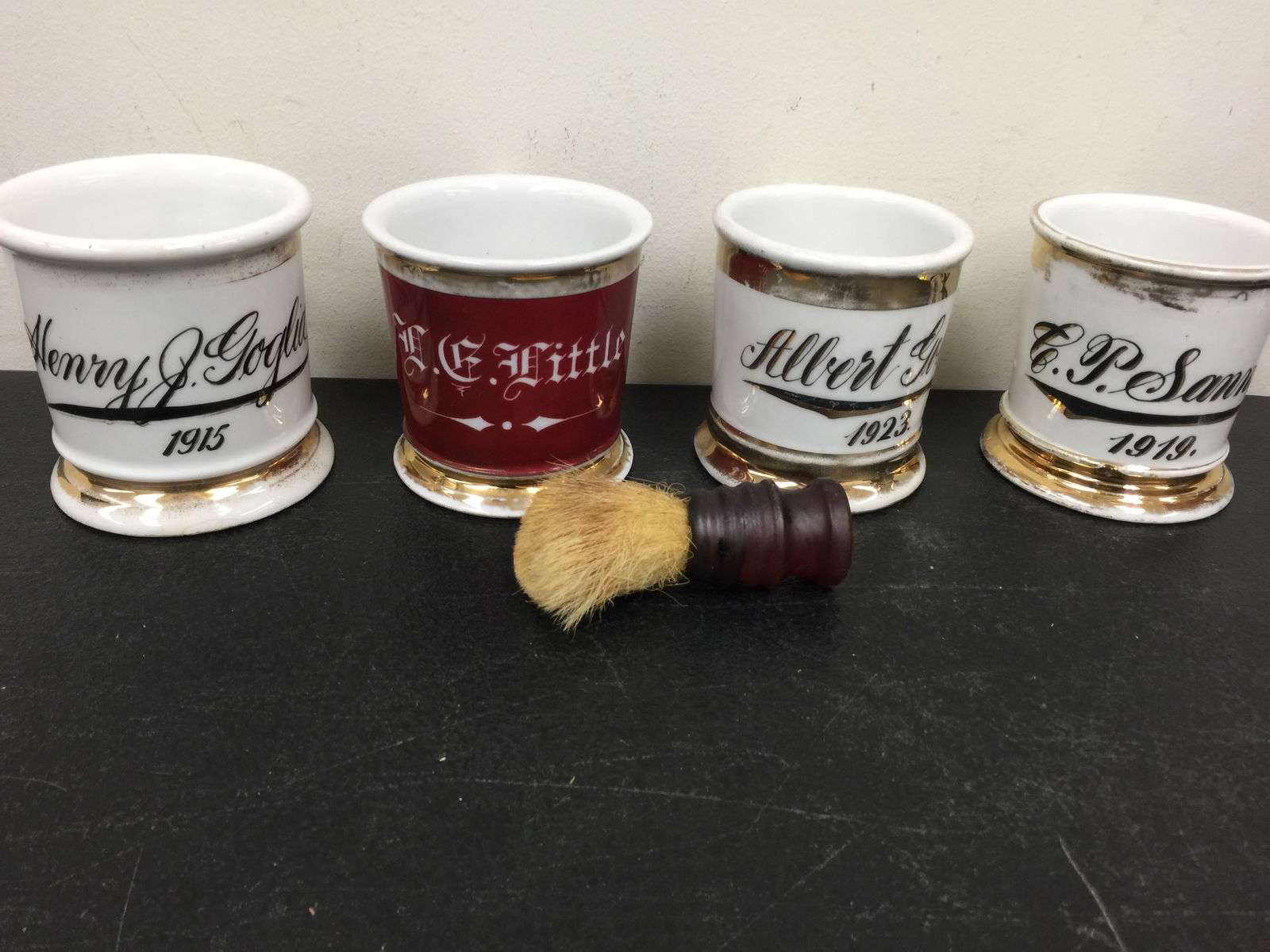 4 Shaving Mugs: Three dated shaving mugs, plus. Largest 4" H.
