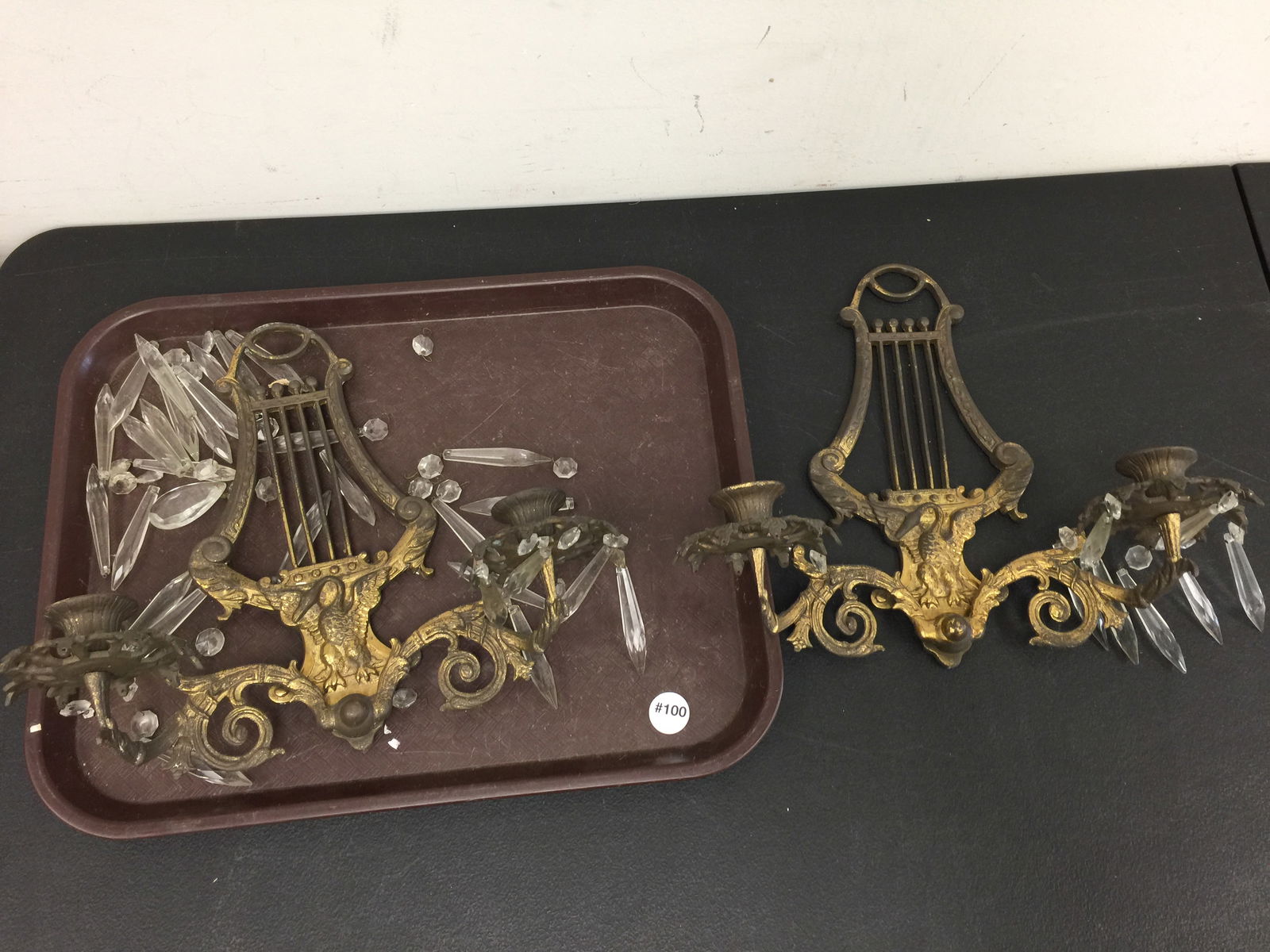 Pair of Brass Wall Sconces: Lyre & swan decorated. 14" x 12".