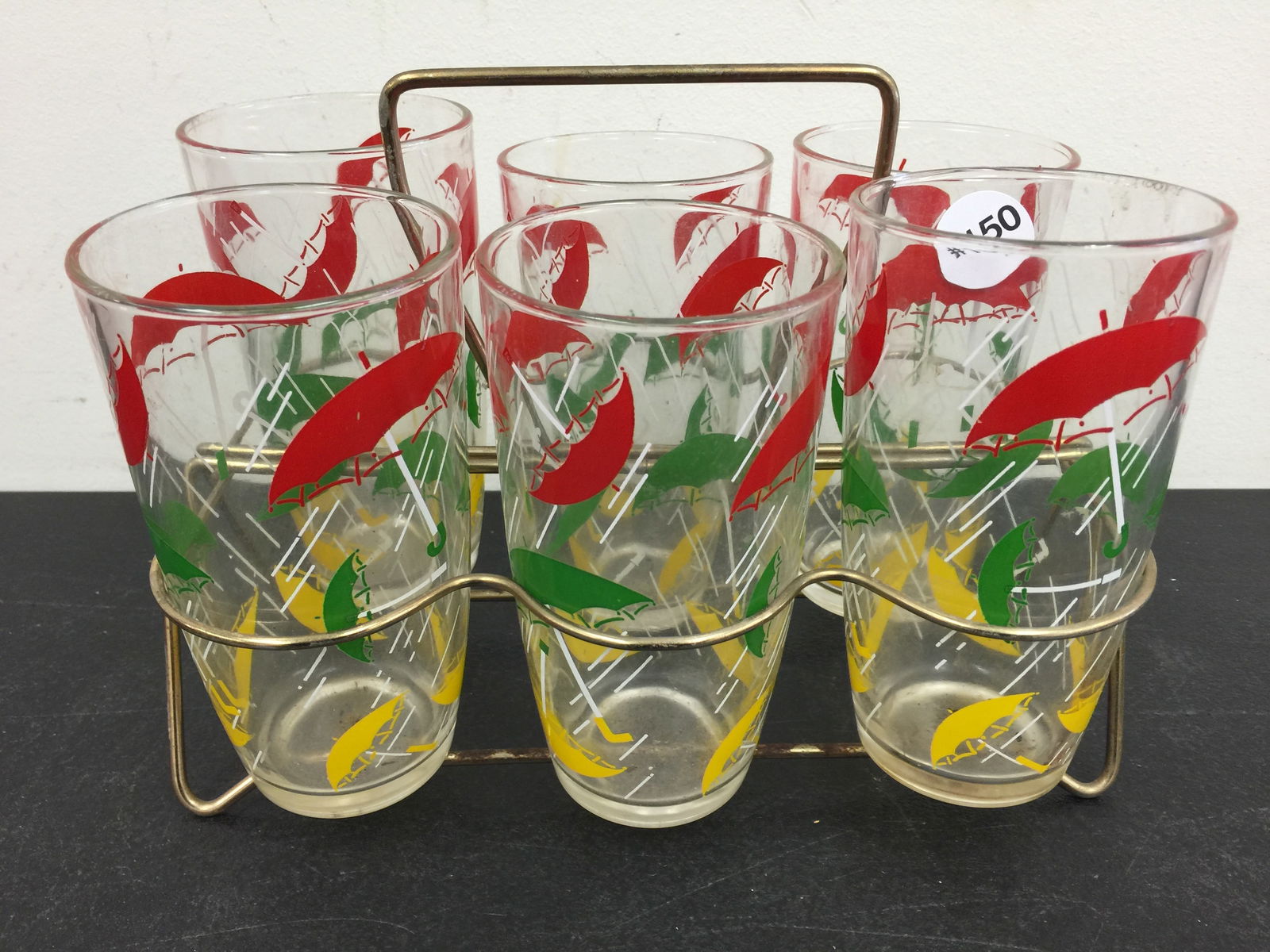 Set of 6 Mid Century Glasses: Glasses 6" H. Carrier 10" W.
