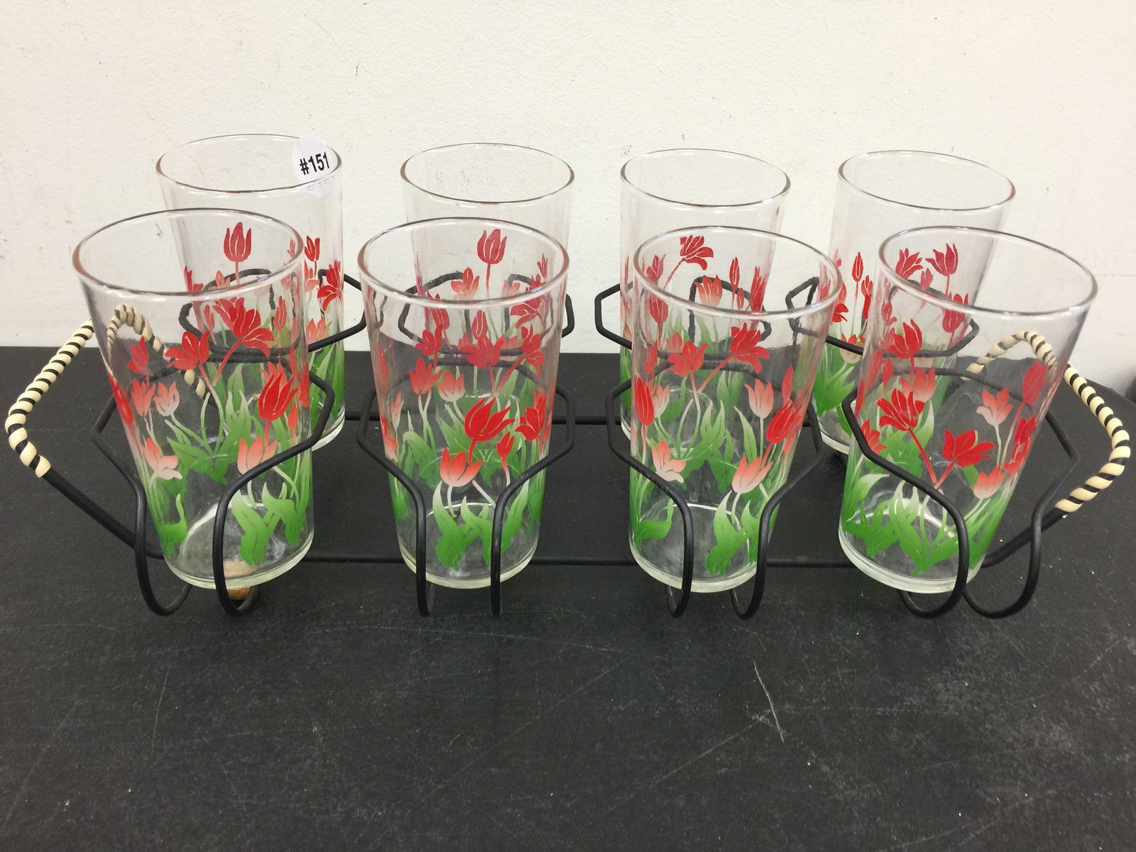 Set of 8 Mid Century Glasses: Glasses 5" H. Carrier 16" W.