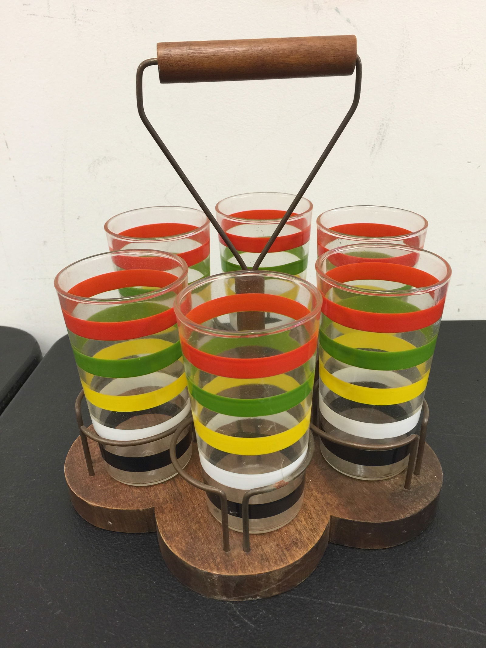 Set of 6 Mid Century Glasses: Glasses 5" H. Carrier 12" W.