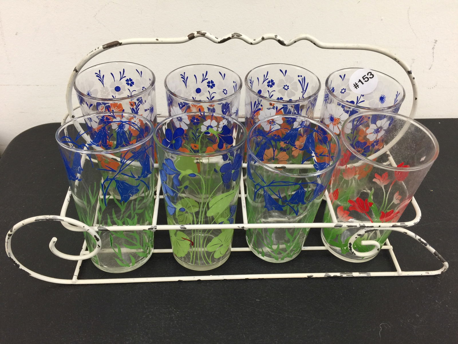 8 Mid Century Glasses: Glasses 4.5" H. Carrier 14" W.