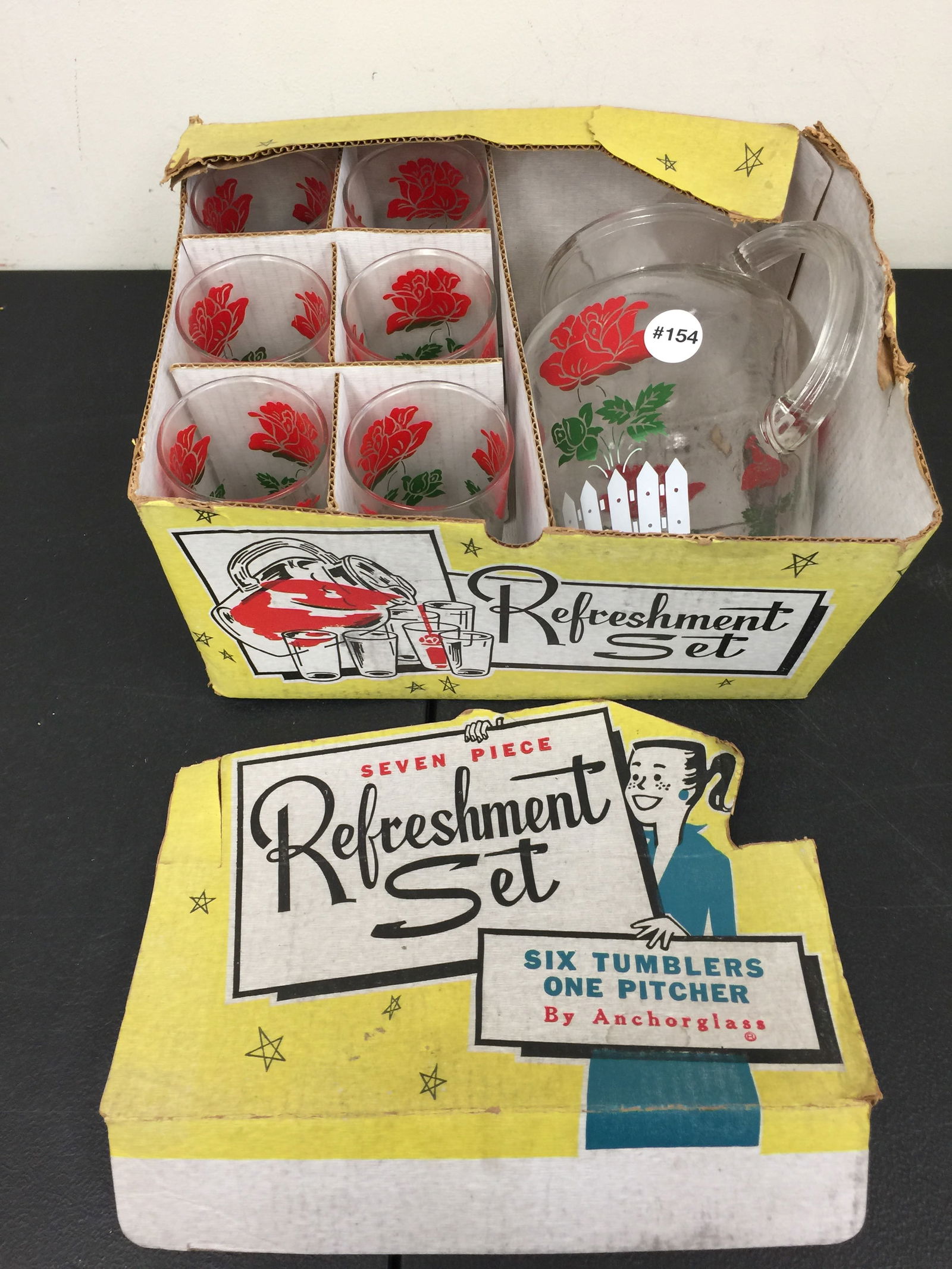 Anchorglass MCM Water Set: Pitcher 9" H, OB 13" W.