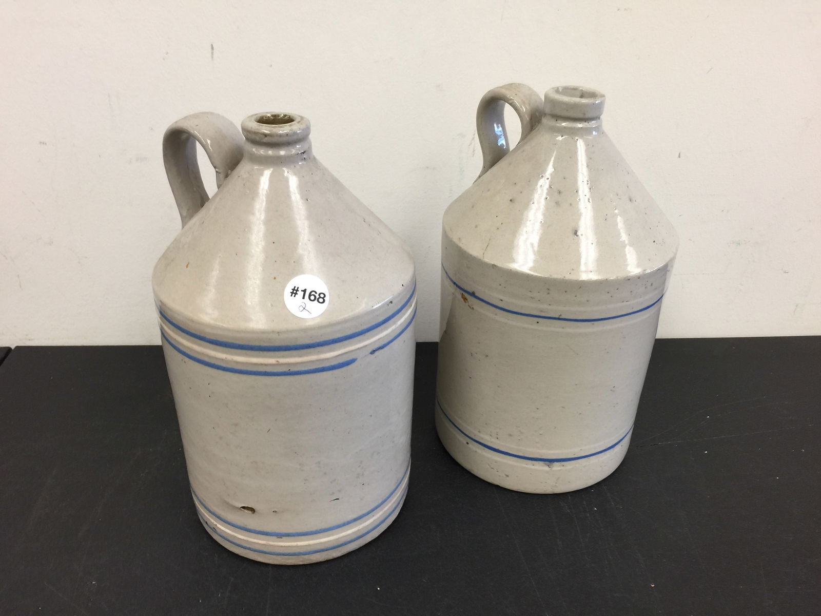 2 Antique Blue & White Striped Jugs: Both 12" H.