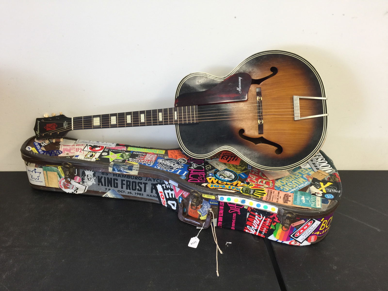 Semi Antique Harmony F Hole Guitar: Action is high. As found w/chip to base.