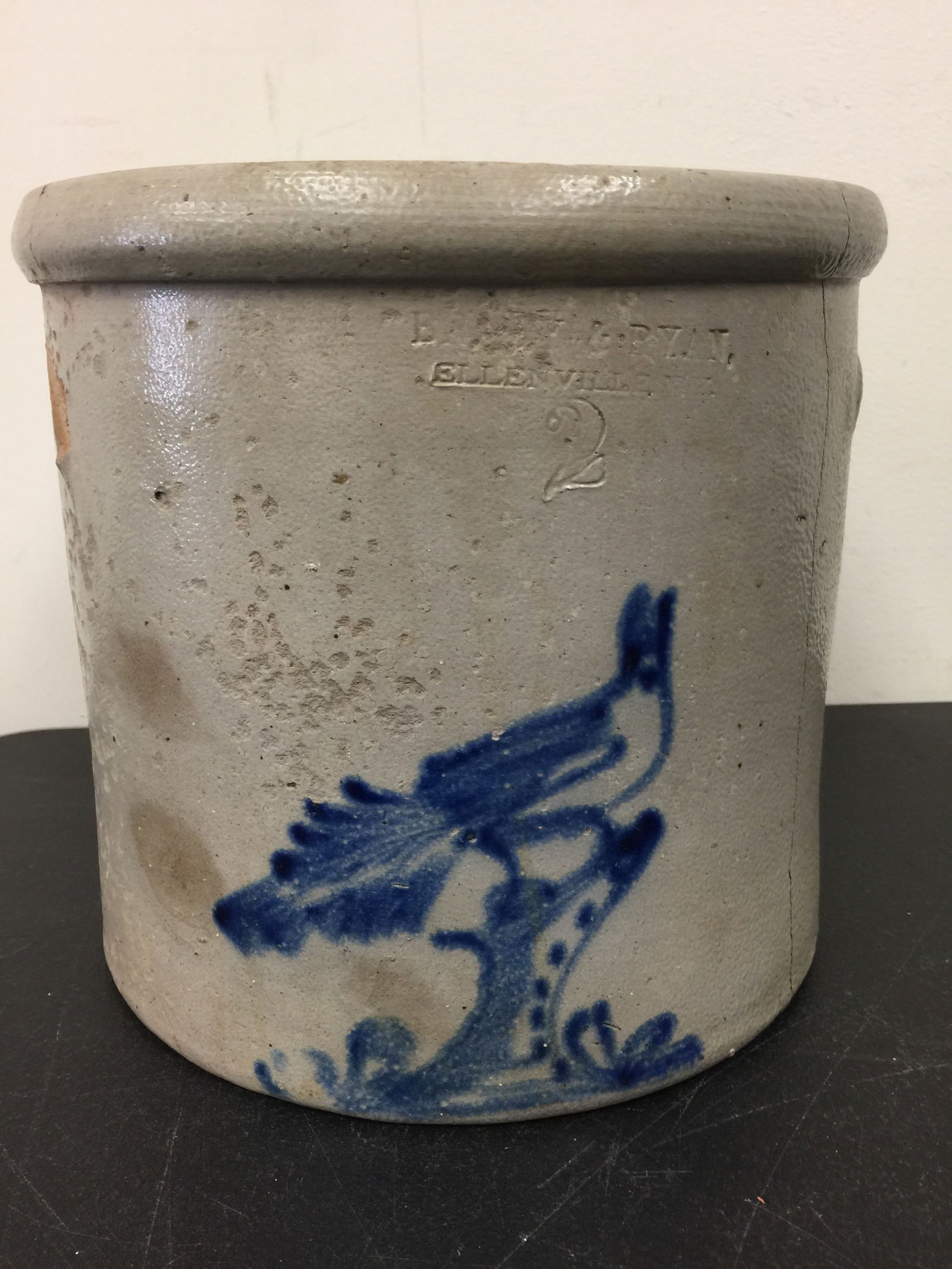 Antique Crock w/Blue Bird: 9" x 10". Signed on front.
