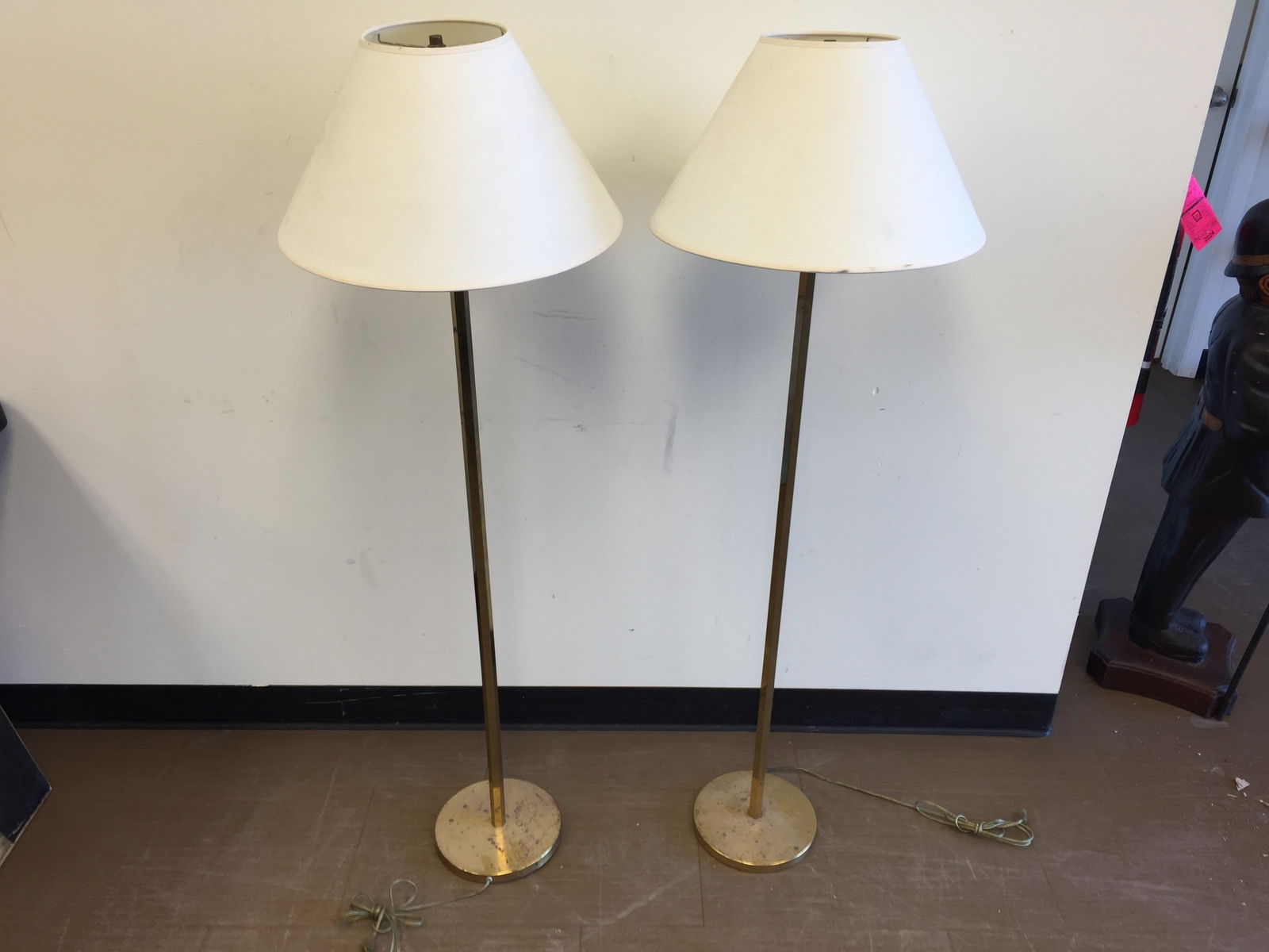 Pair of MCM Brass Floor Lamps: Hexagonal posts. 56" H.