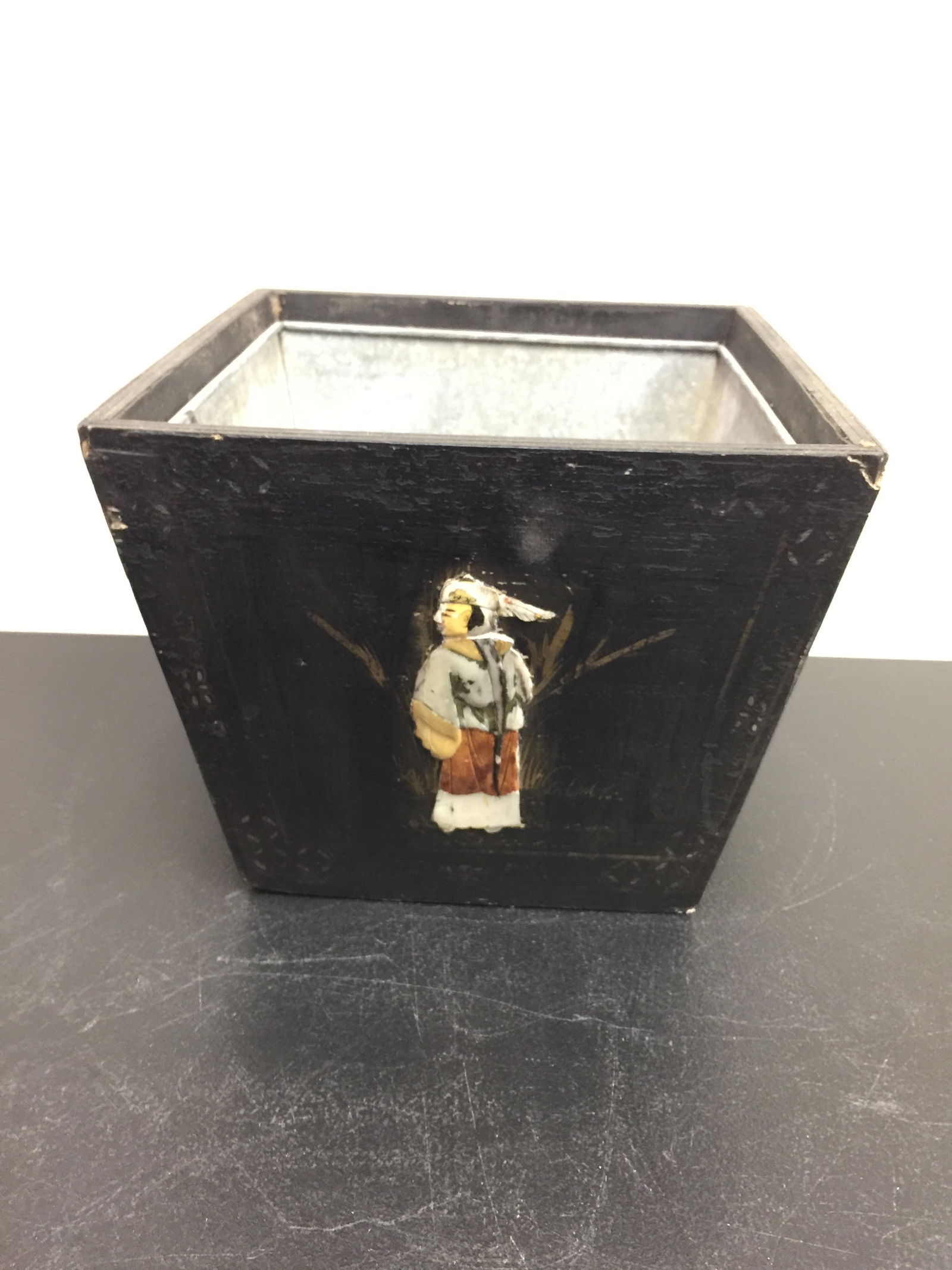 Asian Planter: 12" x 12" x 10", has brass handles and stone inlay figures, possible jade