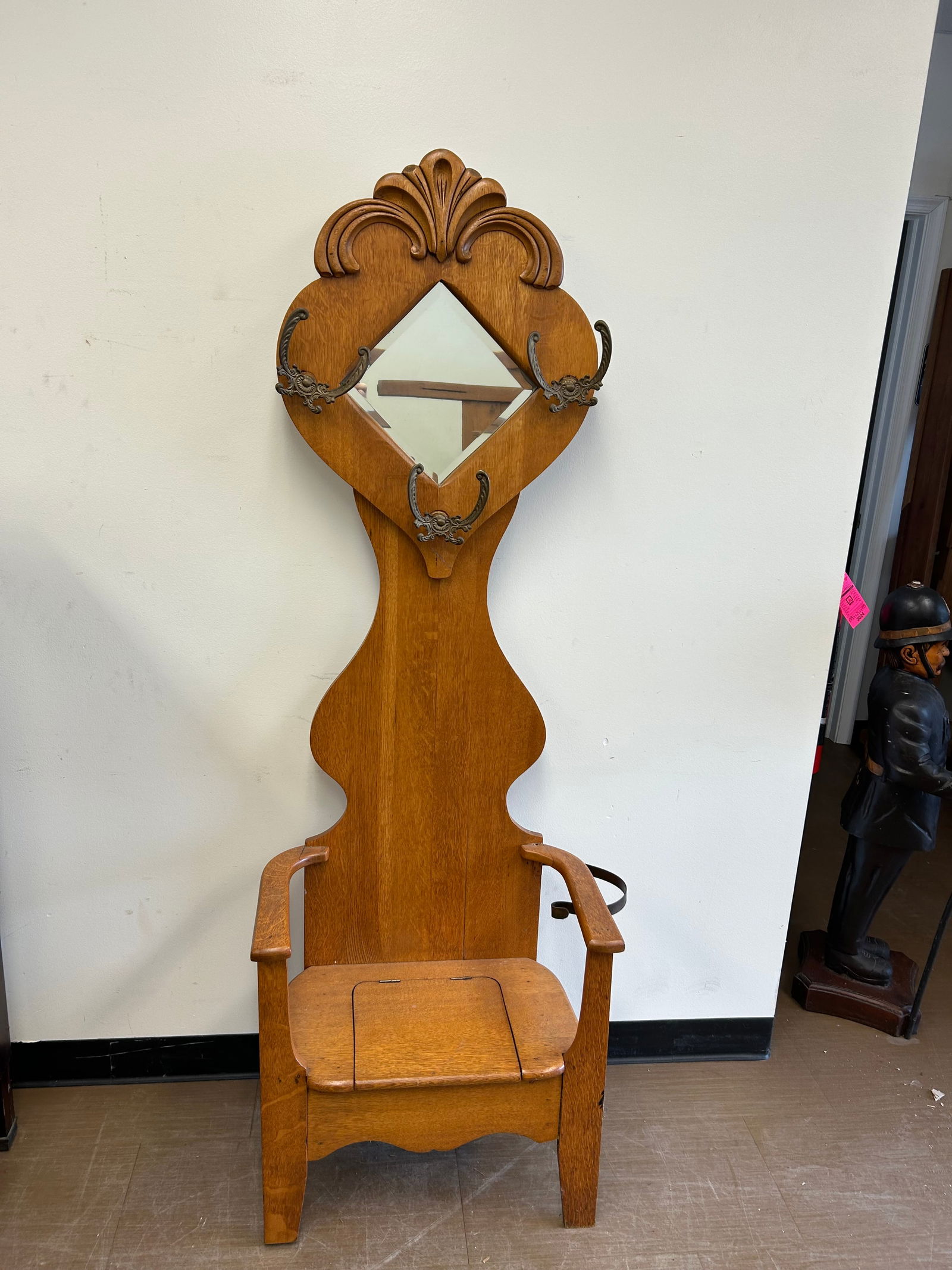 Antique Carved Oak Hall Tree: beveled mirror, applied carvings, 24"x14"x70".