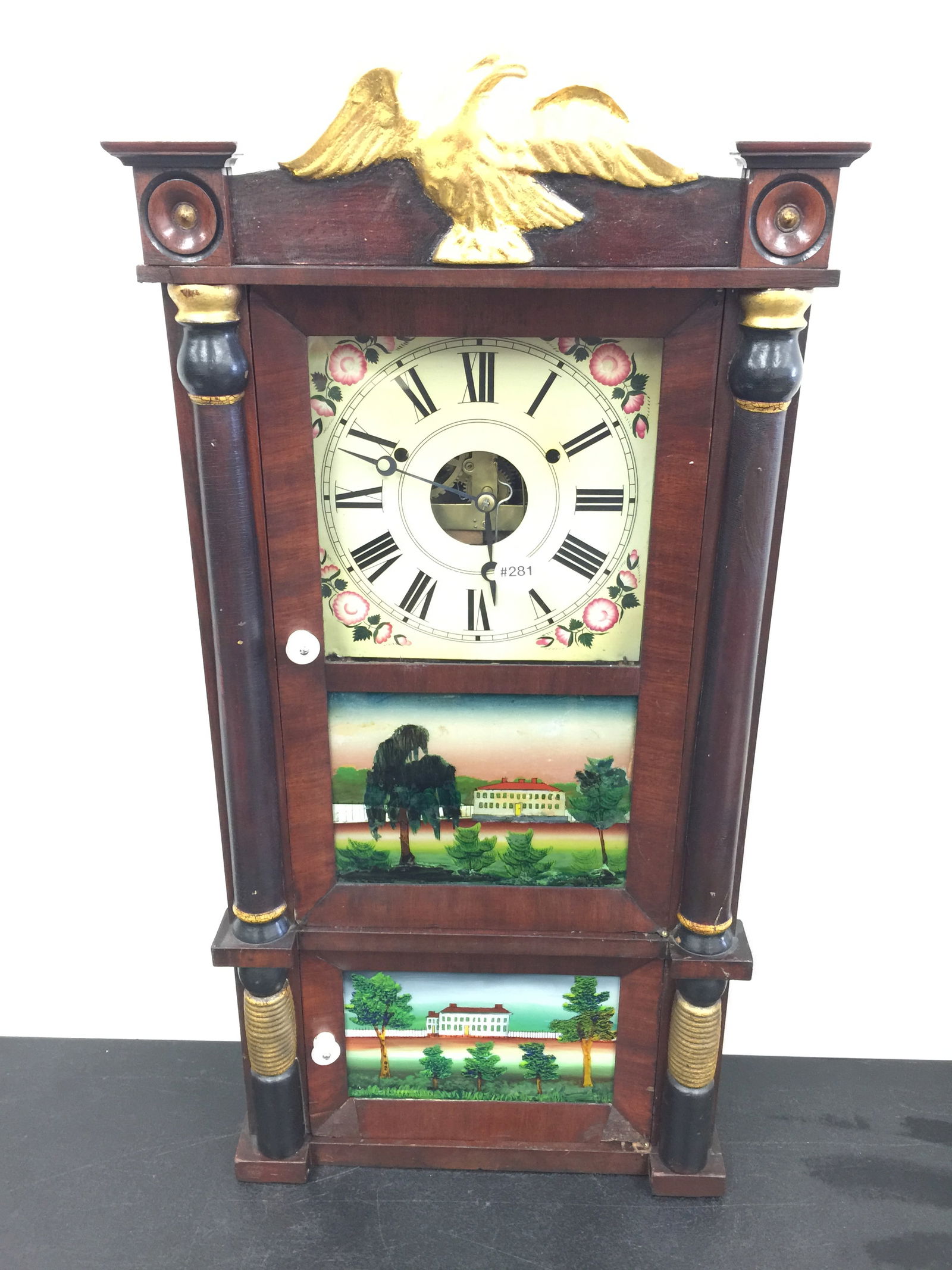 Empire Triple Deck Clock: reverse painted doors, complete. 14"x29"