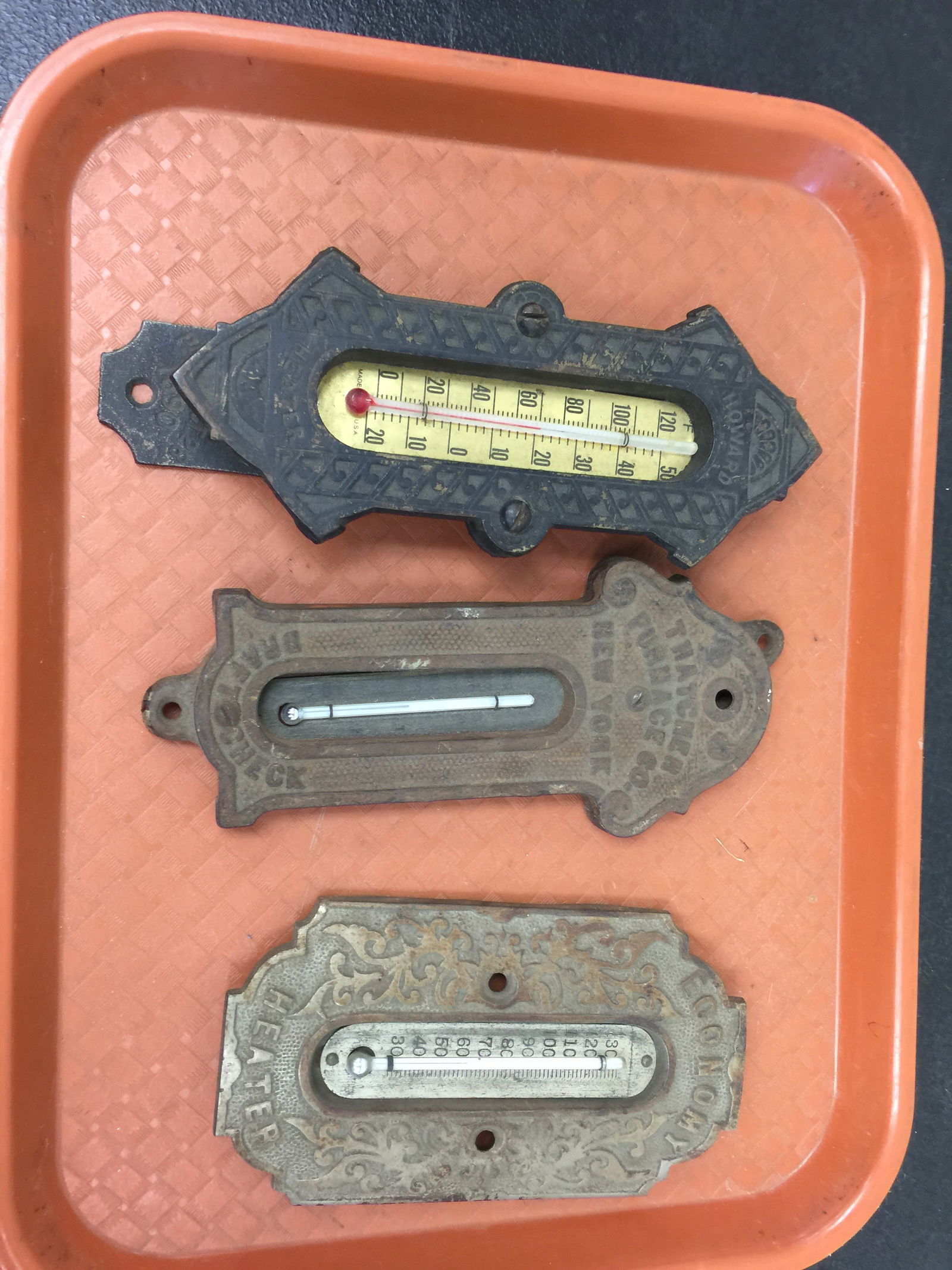 Antique Cast Iron Thermometers (3): largest 8"H.