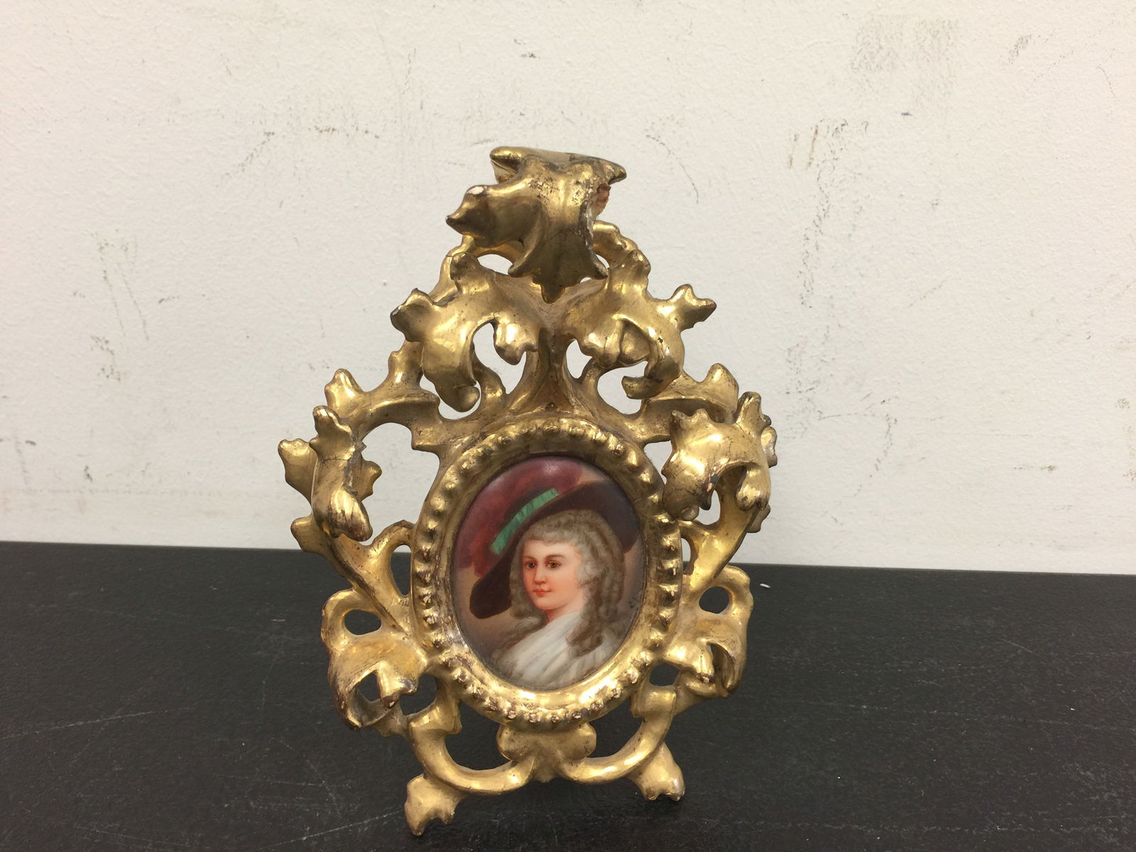 Antique German KPM Portrait: in gilt molded frame, portrait on porcelain, signed "Devonshire" on back. 7"H.