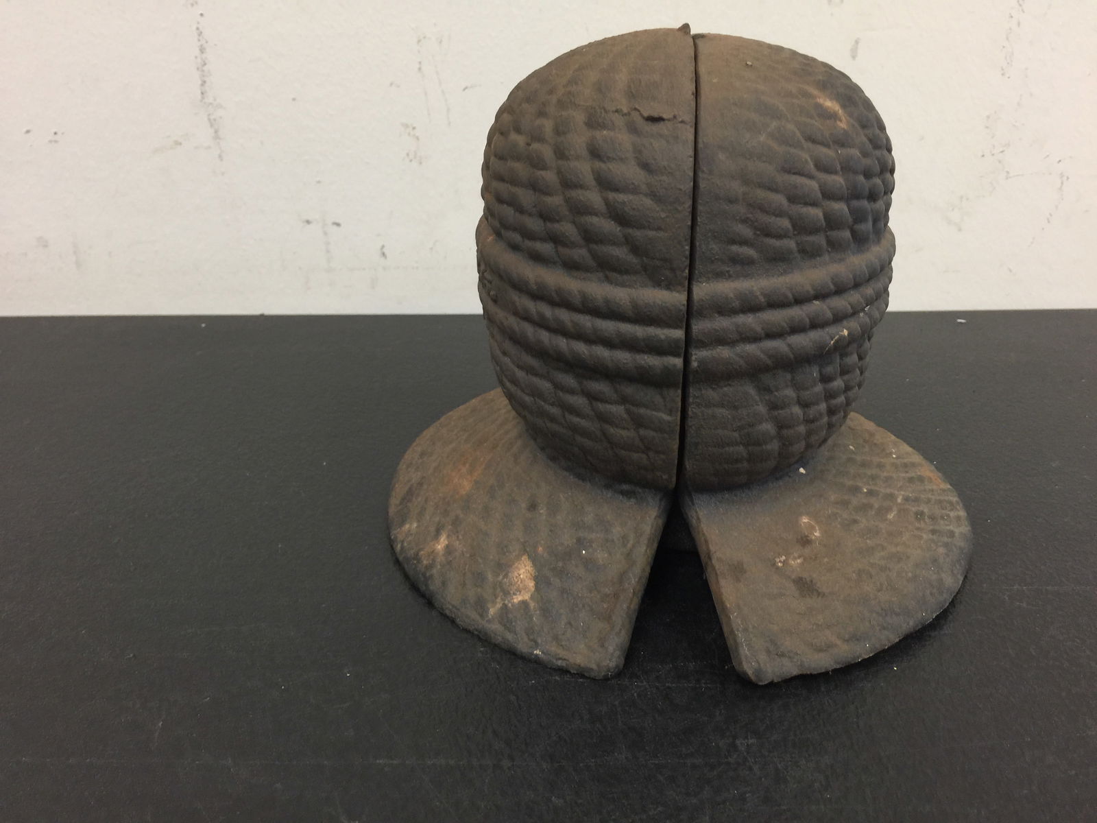 Cast Iron String Holder BeeHive 1880: opens up, John Wright, 7"W. Patd Feb. 16, 1880.