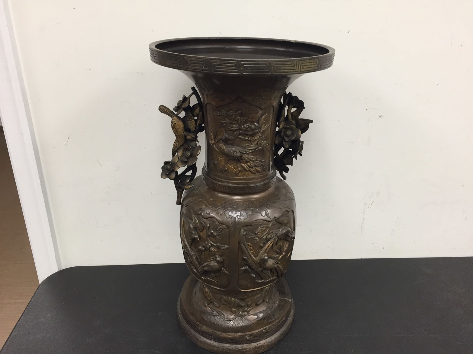 Japanese Bronze Floor Vase: embossed with birds, cranes, turtles and more. 22"H.