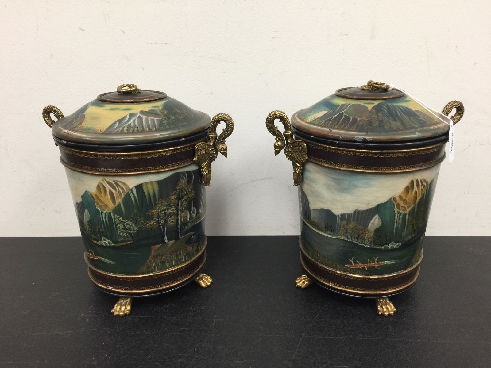 Maitland Smith Tole Decorated Urns: label on base, hand painted with swan handles and lions paws feet. 11"H.