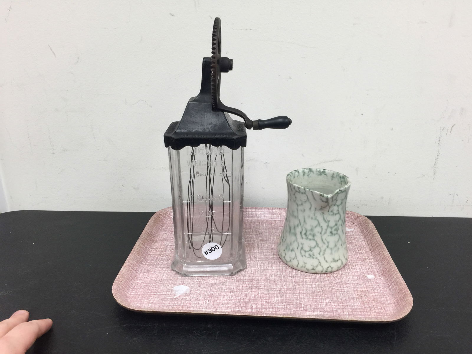 Silver Egg Beater & Creamer: cast iron top, spongeware creamer. 13"H.