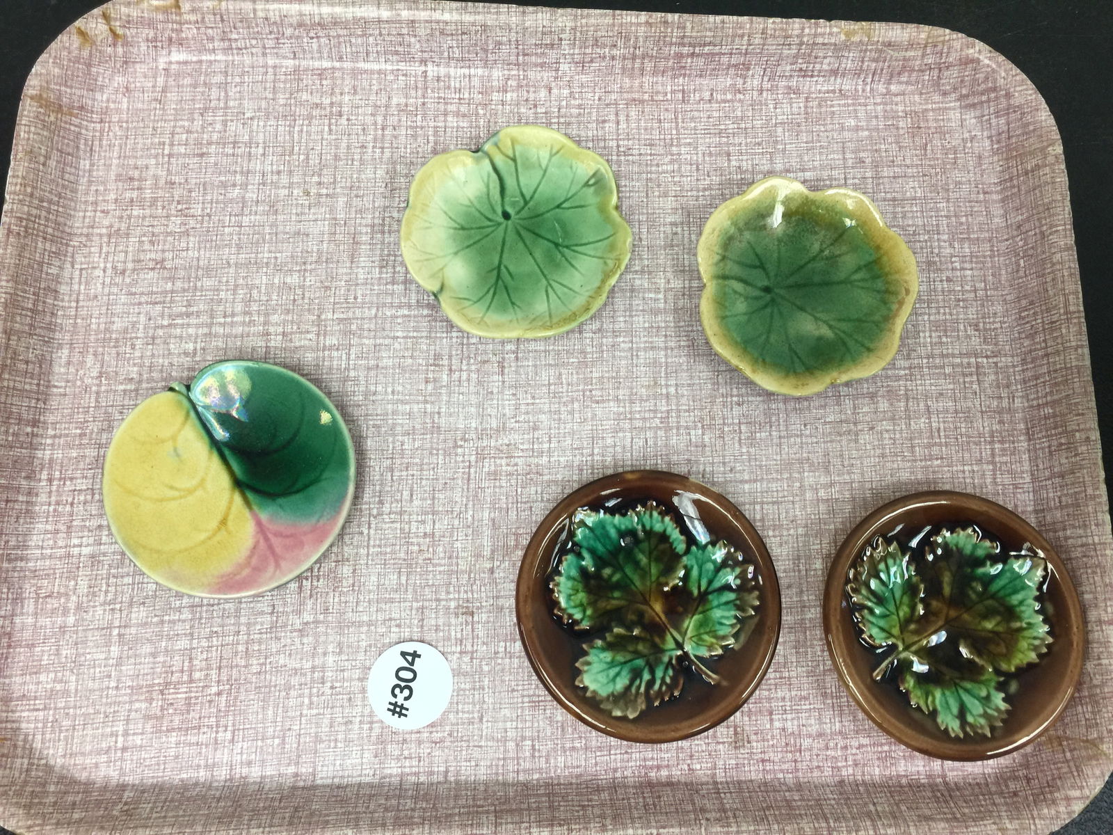 Majolica Butterprints (5): three etruscan, two other match pair. 3"W.