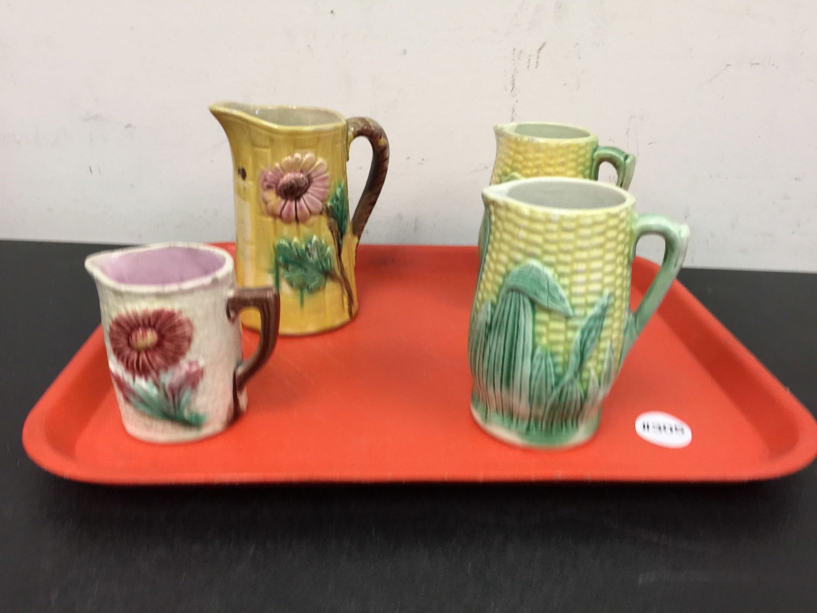 Majolica creamers (4): two ear of corns, plus. largest 5"H.