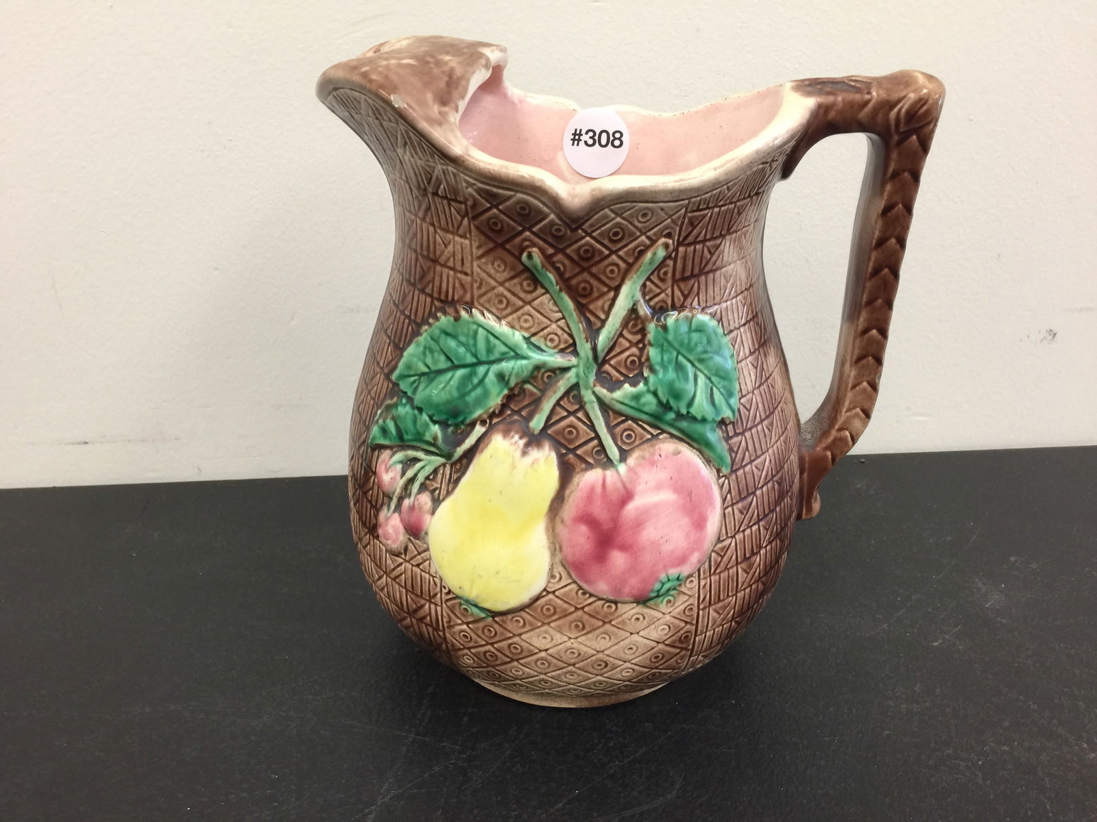 Majolica Pitcher: 9"H.