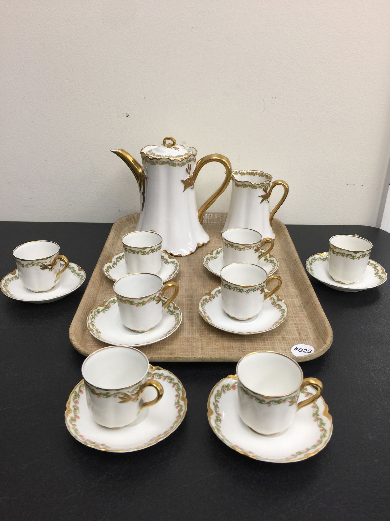 Haviland Limoges Coffee Set: Coffee pot 7" x 8", along with matching creamer, 8 demitasse cups & saucers.