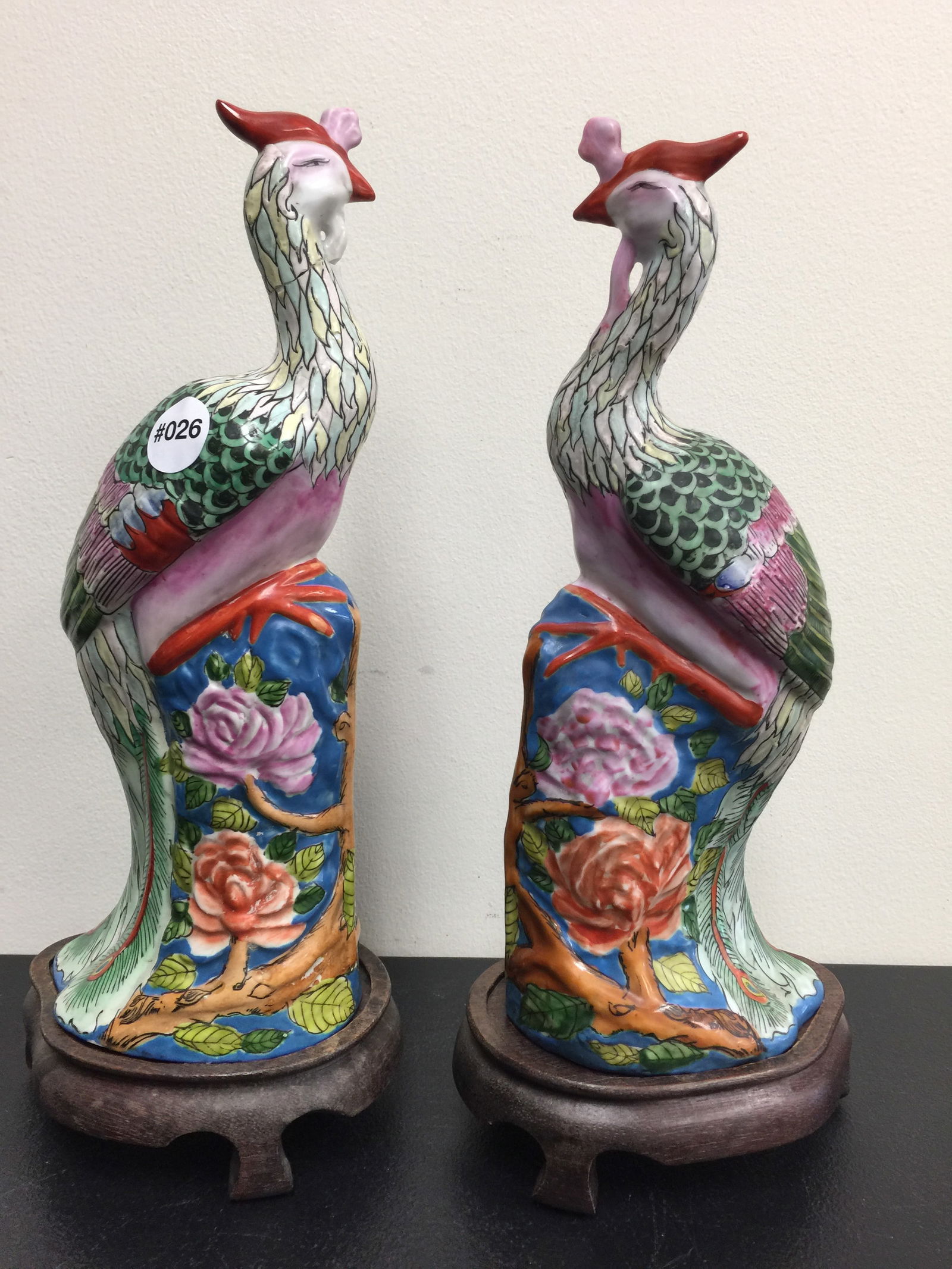 Pair of Asian Birds: 14" H, sit on wooden base.