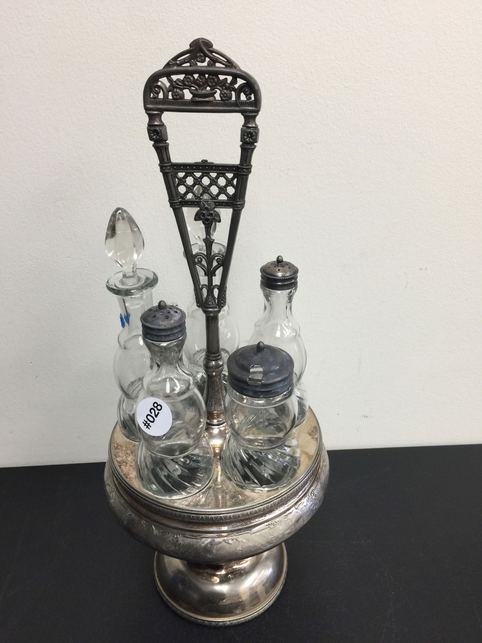 Cruet Set: All matching bottles. 17" x 7".