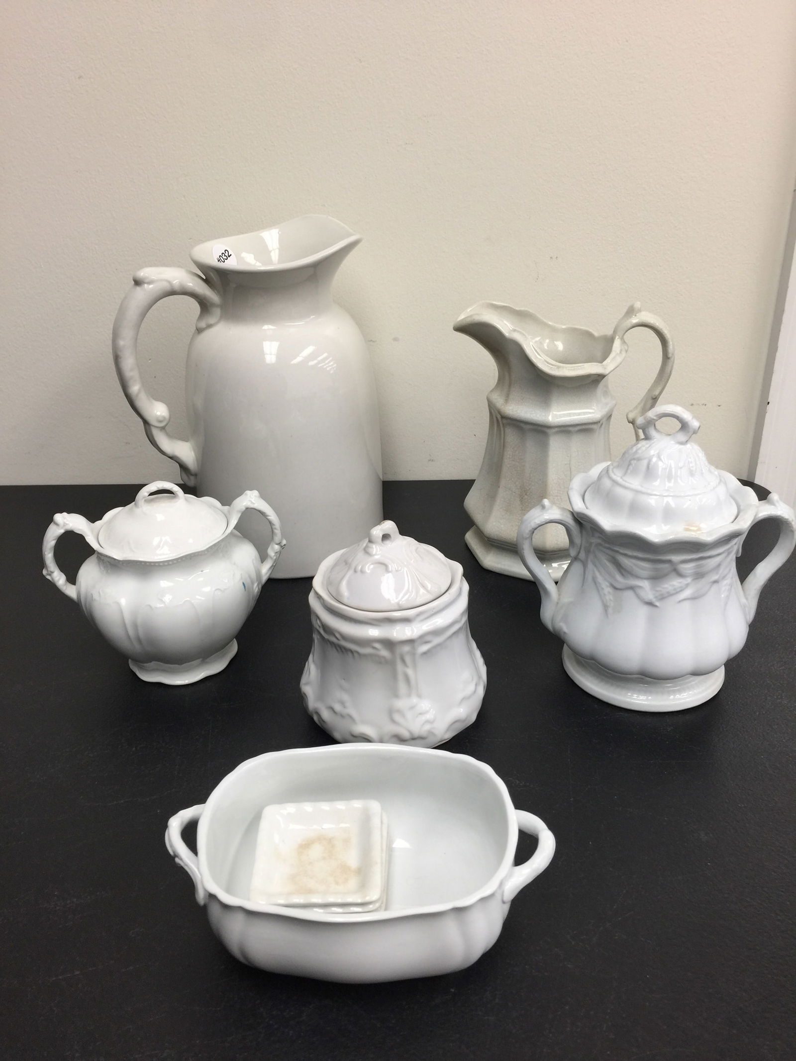 Ironstone Plus: Includes 8 pcs ironstone. Largest 9" H pitcher. Along with an 11" H white pitcher & creamer.