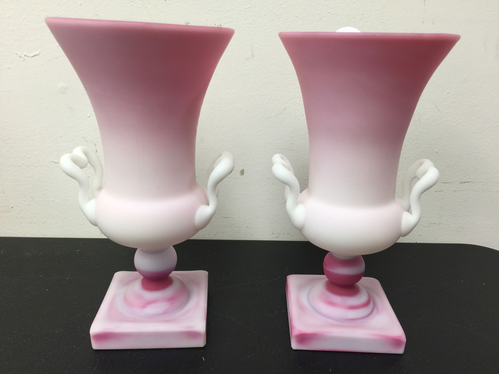 Pair of Peach Bloom Urns: 8.5" H. Numbered on base.