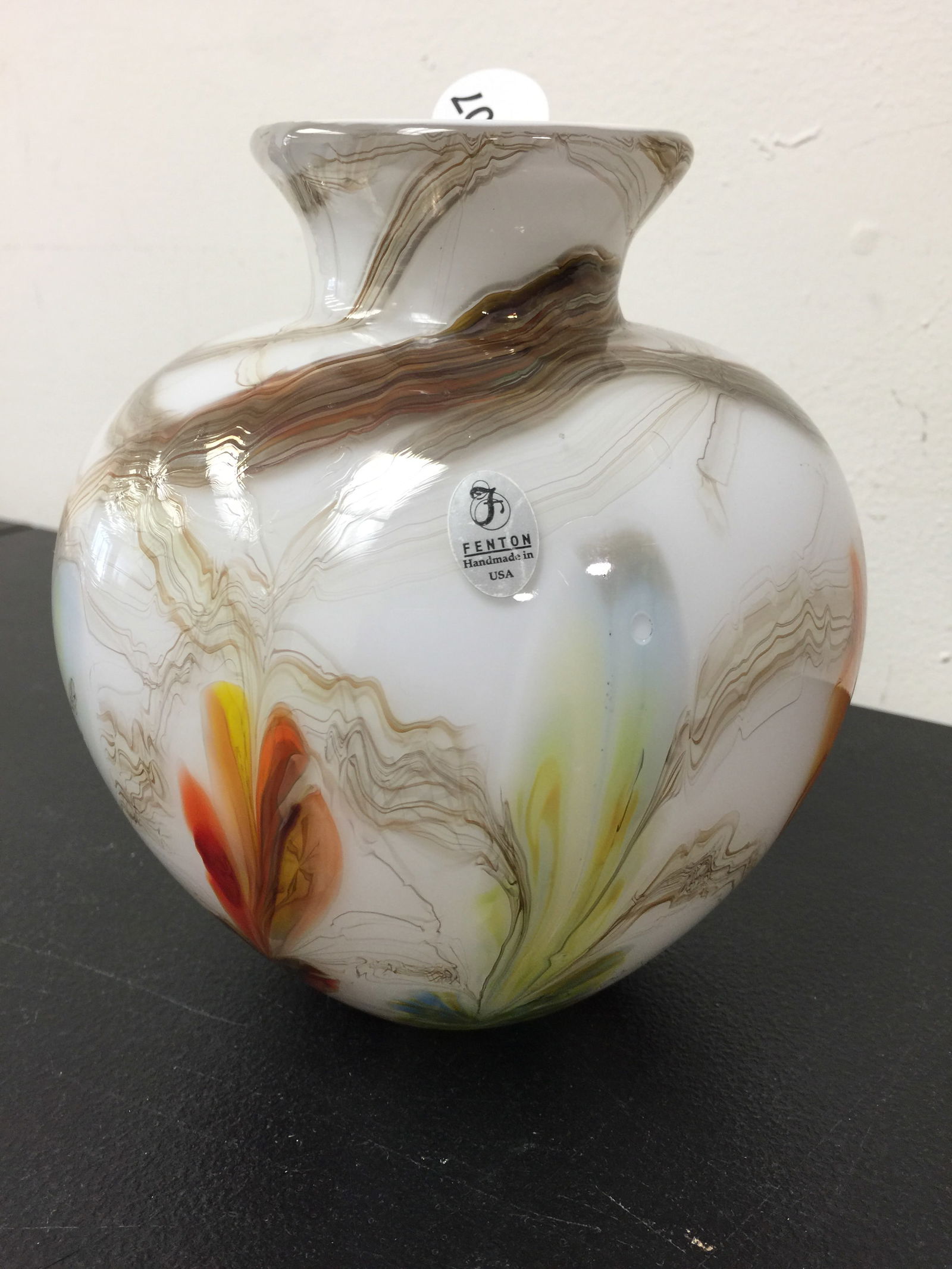 Dave Fetty Feathers Fenton Vase: Original sticker, marked on base. 7" H.