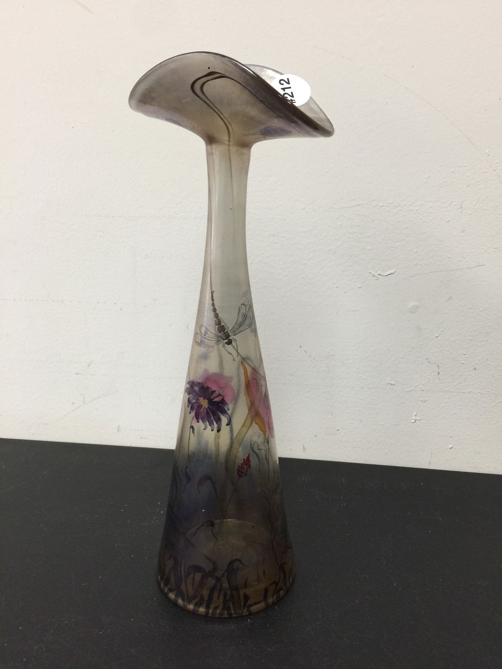 Erwin Eisch Art Glass Vase: 13.5" H. Hand painted enamel decoration of dragonflies & flowers. Engraved on base.