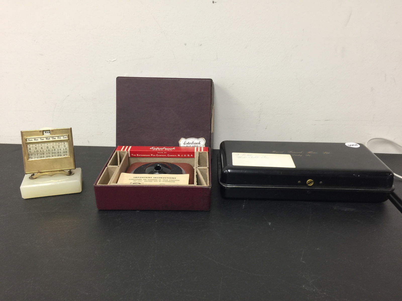 Vintage Desk Accessories: includes brass & marble calendar 5" x 4", Esterbrook writing set in original box, and a locked metal funeral home box 10"