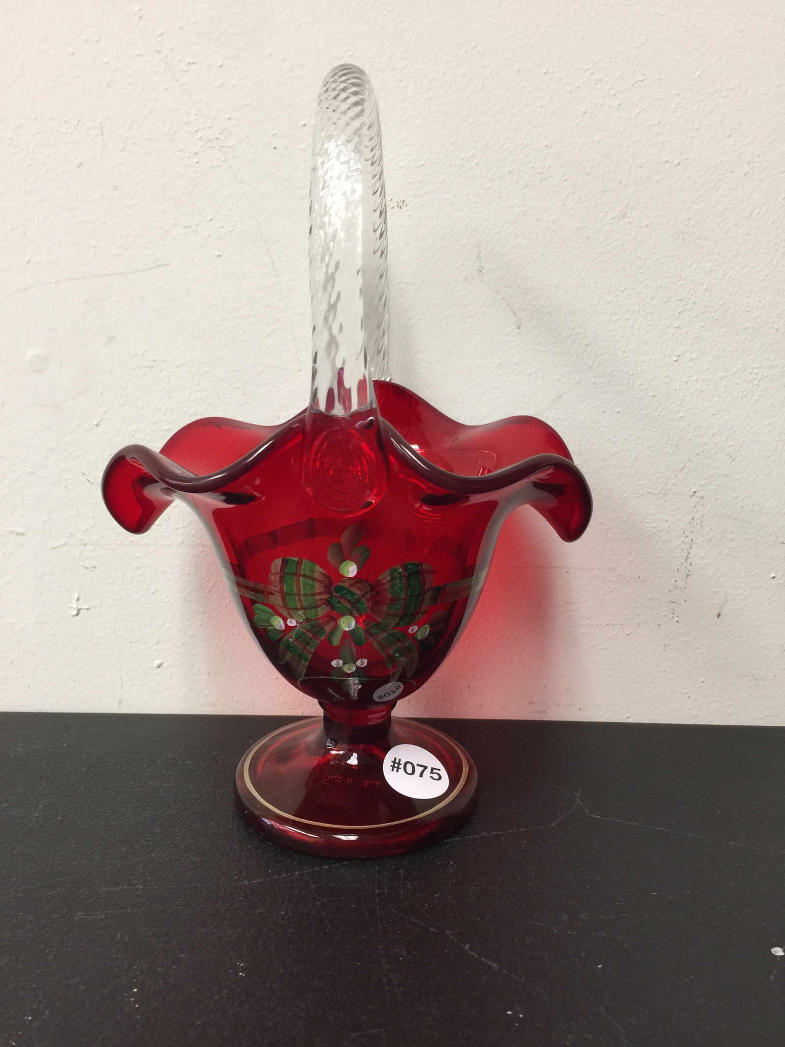 Fenton Red Christmas Basket: signed on bottom, 10" x 7"