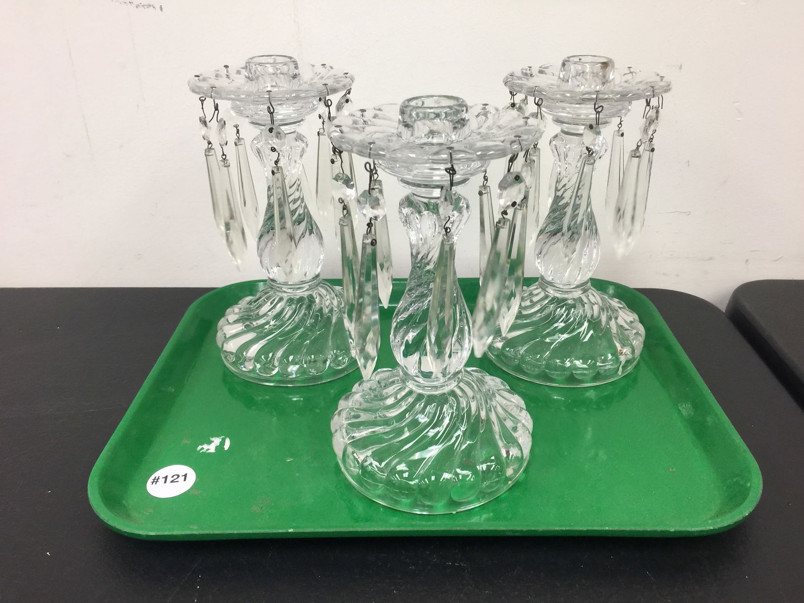 3 Fostoria Colony Candle Holders: All complete, 7.5" H.